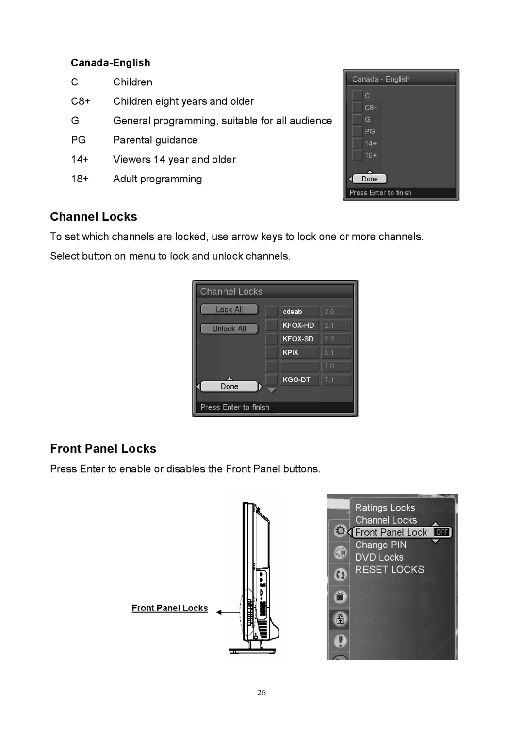 Westinghouse SK-40H590D user manual Channel Locks, Front Panel Locks, Canada-English 