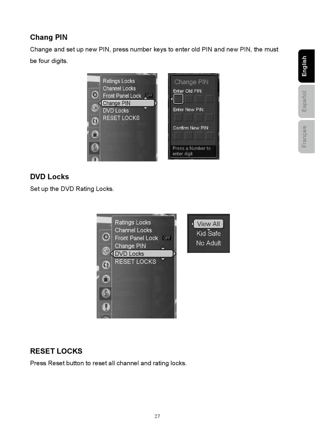 Westinghouse SK-40H590D user manual Chang PIN, DVD Locks 