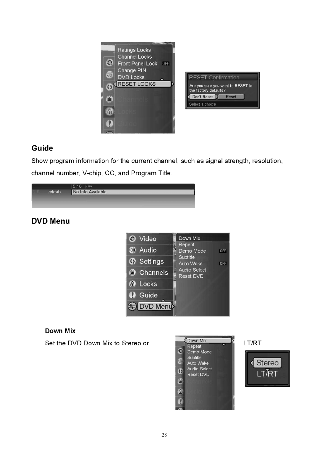 Westinghouse SK-40H590D user manual Guide, DVD Menu, Down Mix 