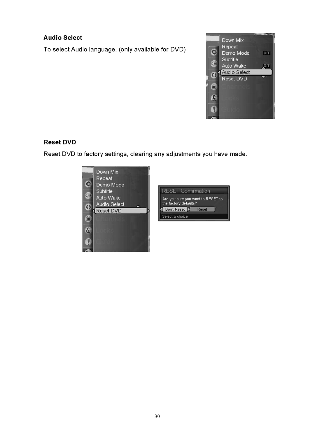 Westinghouse SK-40H590D user manual Audio Select, Reset DVD 