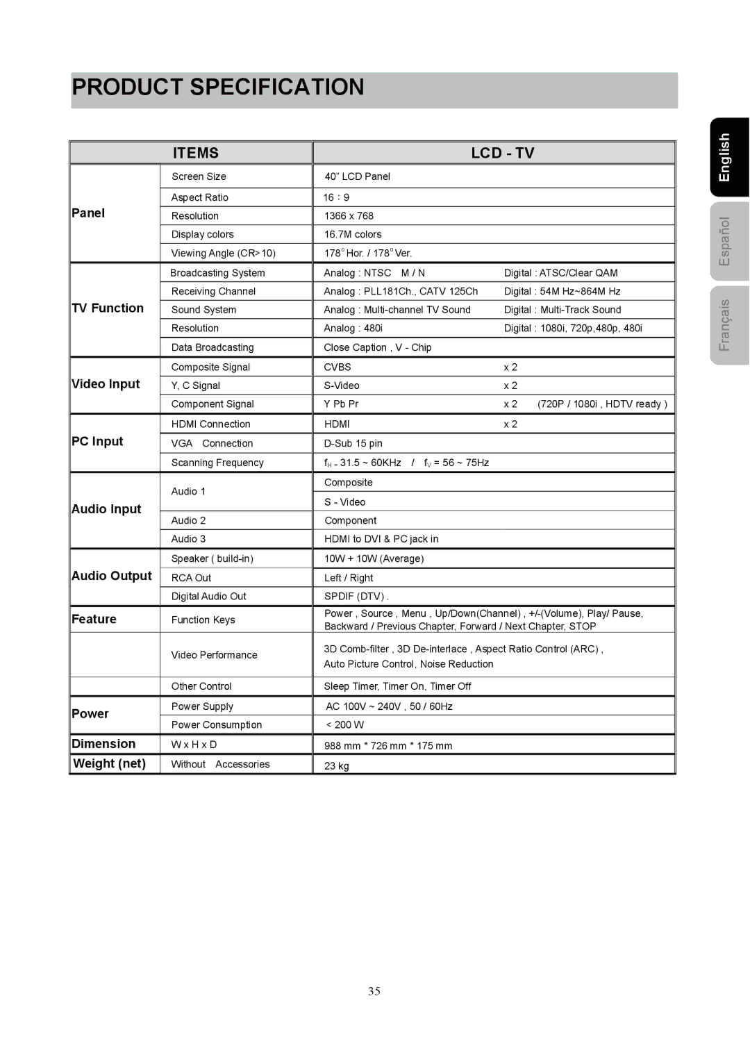 Westinghouse SK-40H590D user manual Product Specification, Items LCD TV 