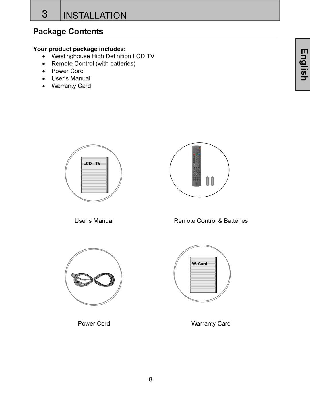 Westinghouse SK-42H240S, SK-42H360S, SK-32H520S, SK-32H240S user manual Installation, Package Contents 