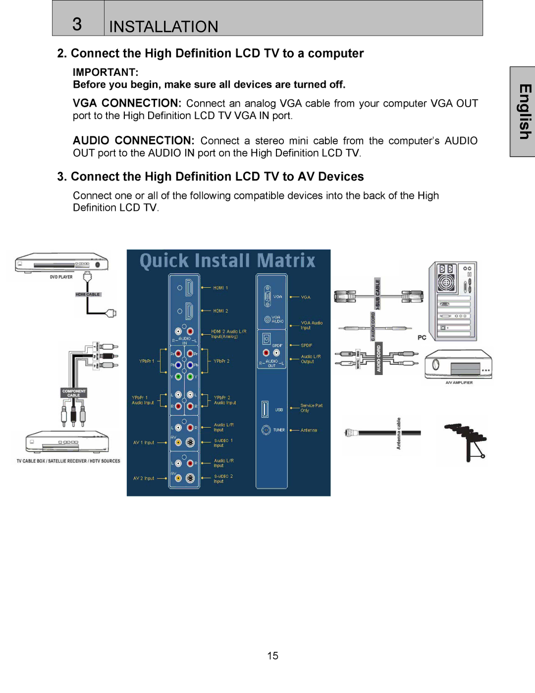 Westinghouse SK-32H240S Connect the High Definition LCD TV to a computer, Connect the High Definition LCD TV to AV Devices 