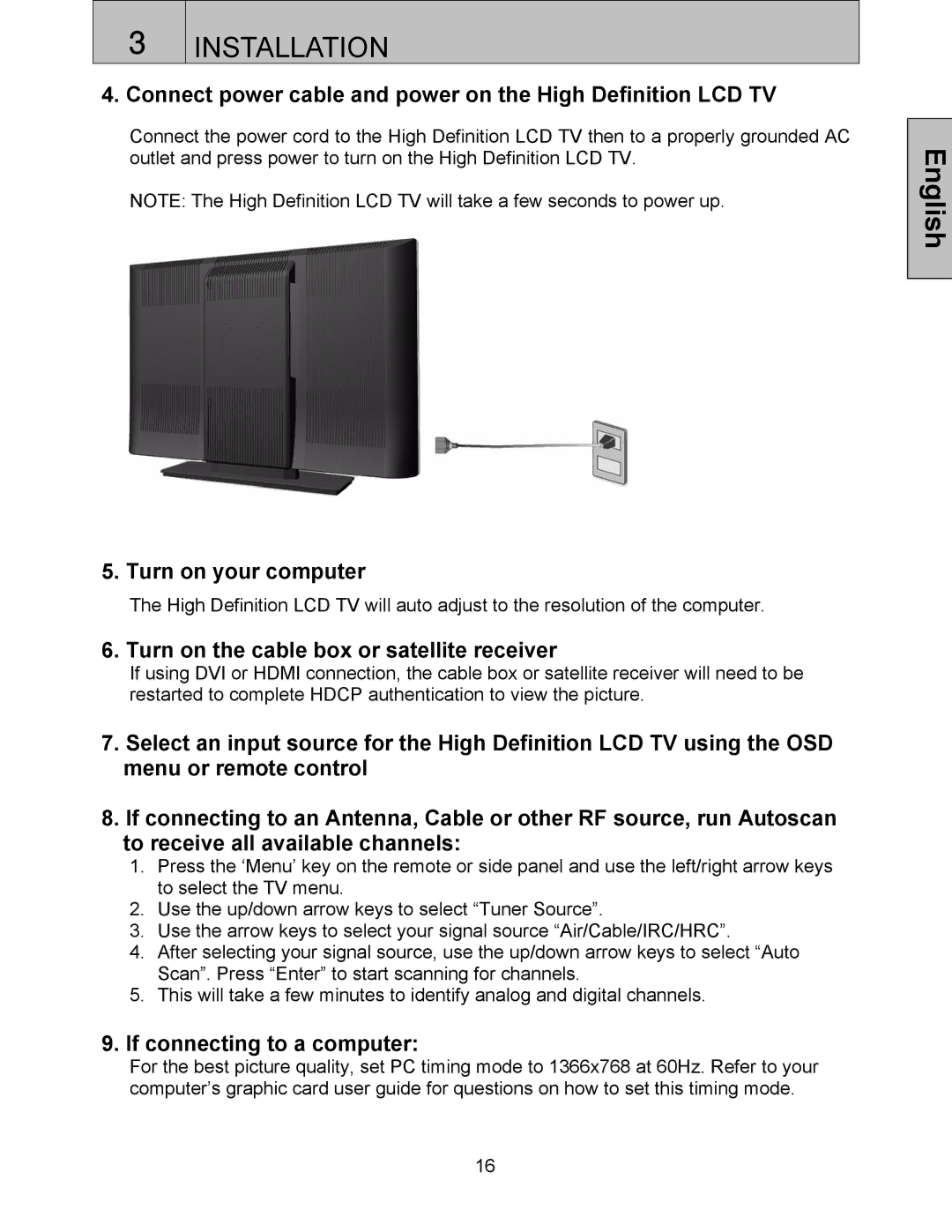 Westinghouse SK-42H240S, SK-42H360S Connect power cable and power on the High Definition LCD TV, Turn on your computer 