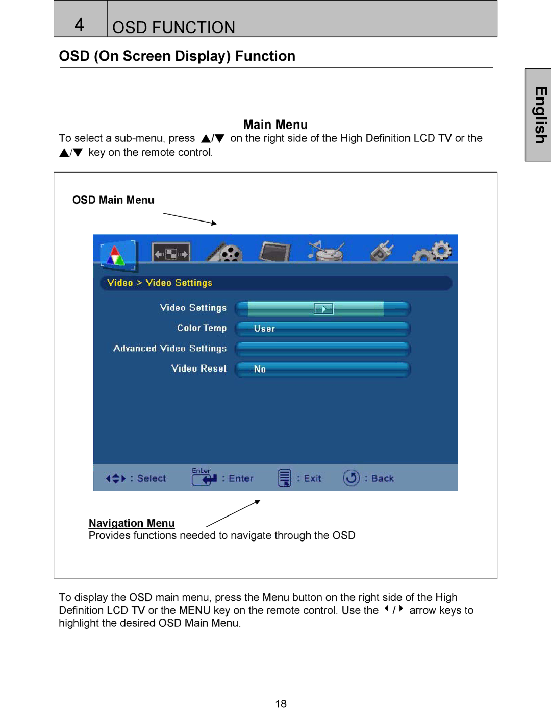 Westinghouse SK-32H520S, SK-42H360S, SK-32H240S user manual OSD On Screen Display Function, OSD Main Menu Navigation Menu 