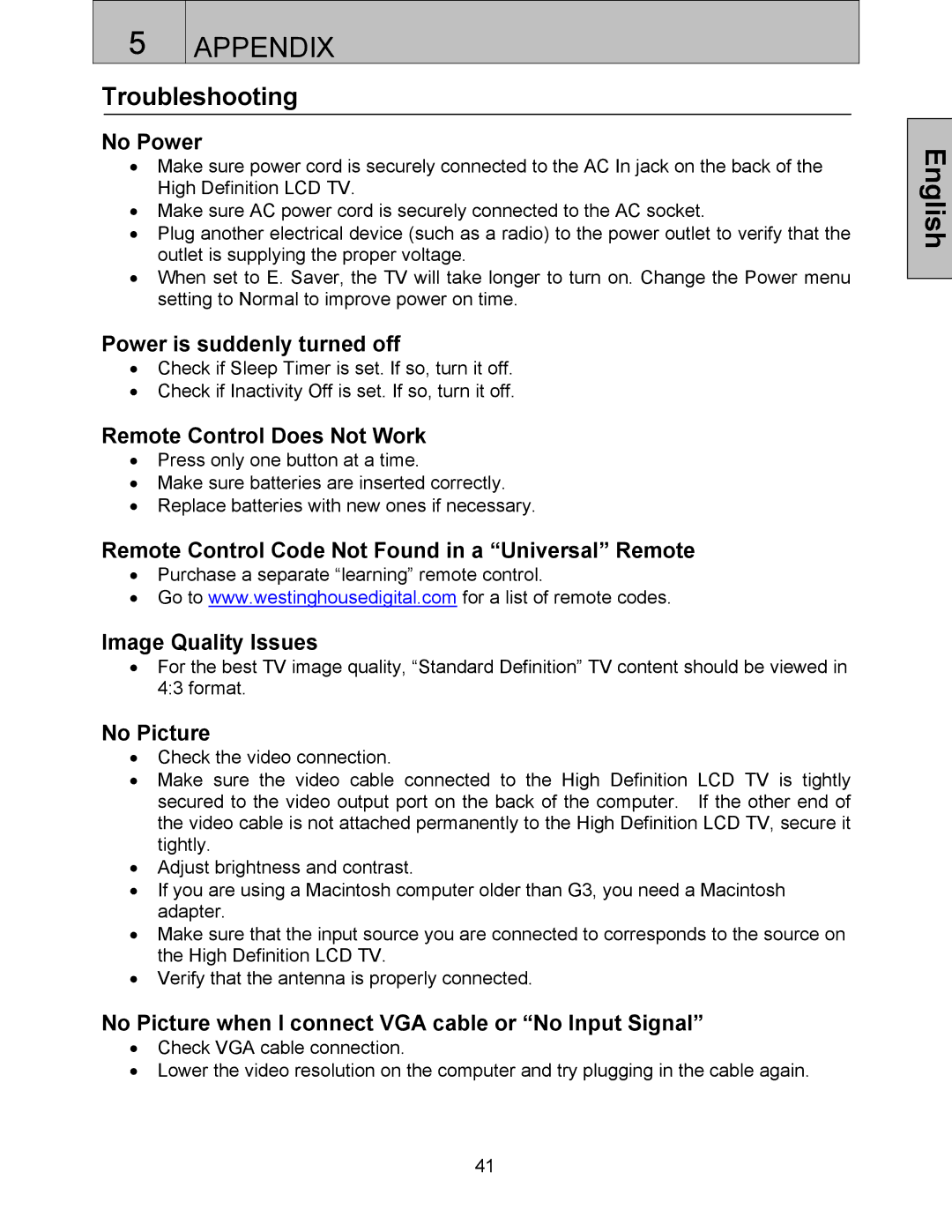 Westinghouse SK-42H360S, SK-32H520S, SK-32H240S, SK-42H240S user manual Troubleshooting 