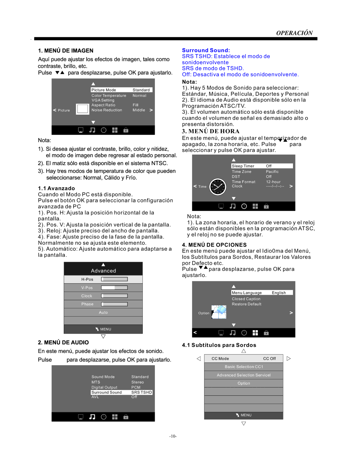 Westinghouse CW24T9PW, Television manual Nota, Avanzado, Menú DE Opciones, Subtítulos para Sordos 