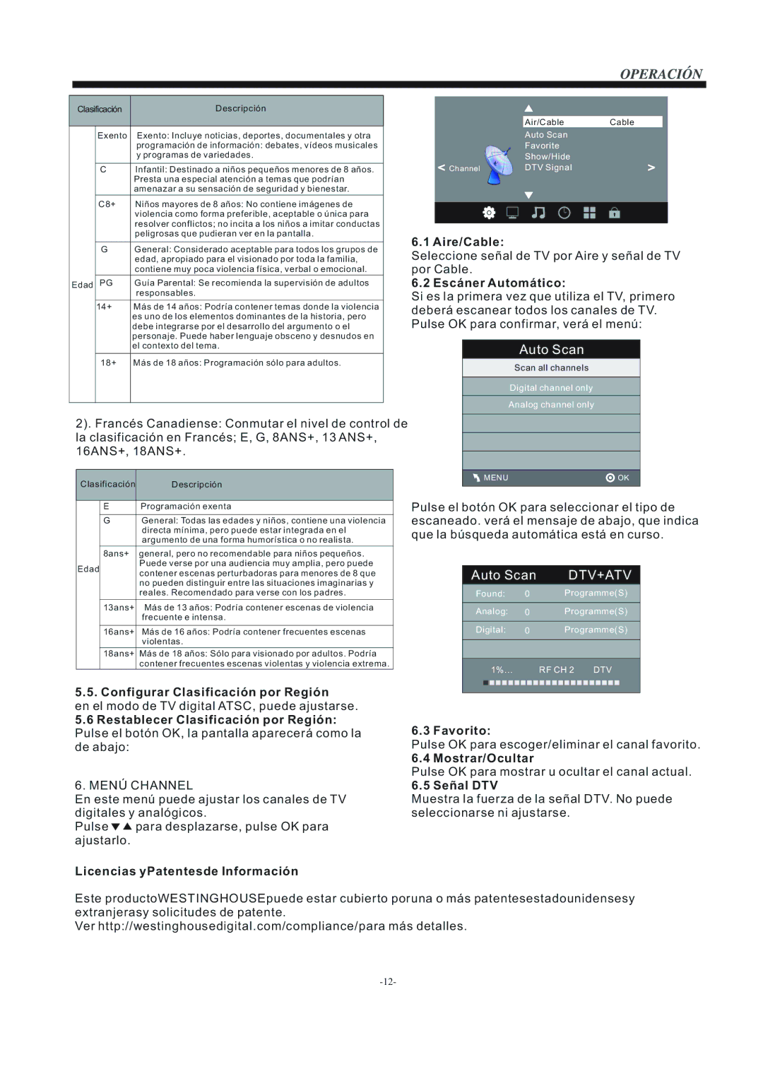 Westinghouse CW24T9PW Configurar Clasificación por Región, Aire/Cable, Escáner Automático, Mostrar/Ocultar, Señal DTV 