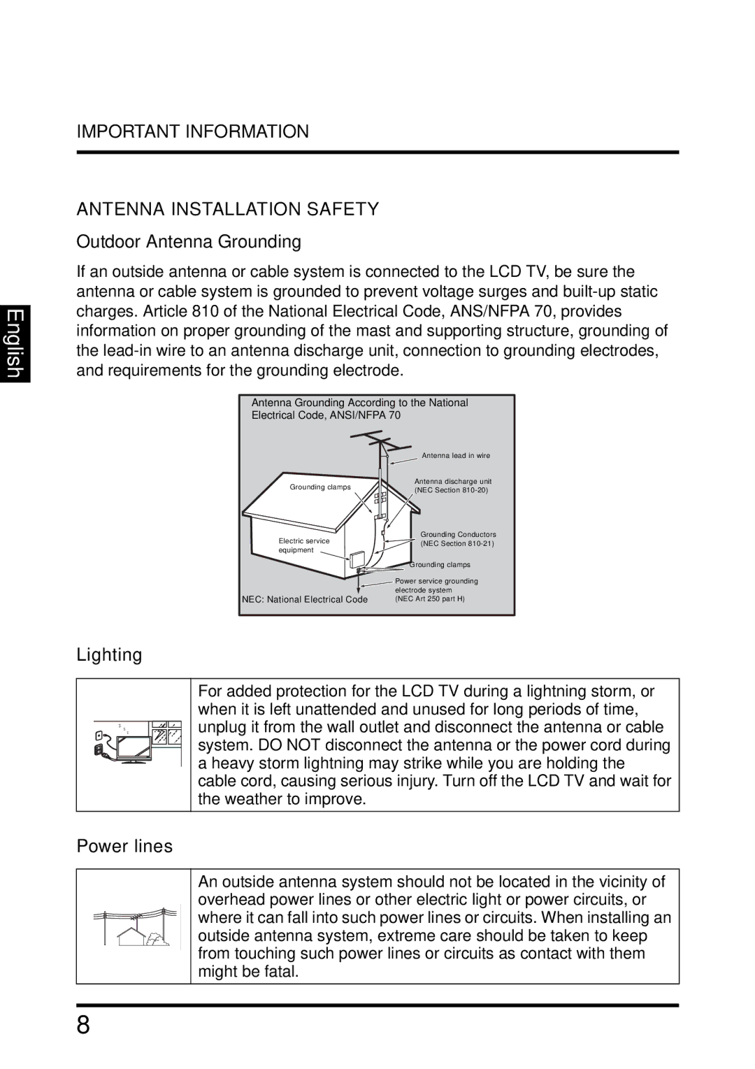 Westinghouse TX-42F810G manual Important Information Antenna Installation Safety, Weather to improve 