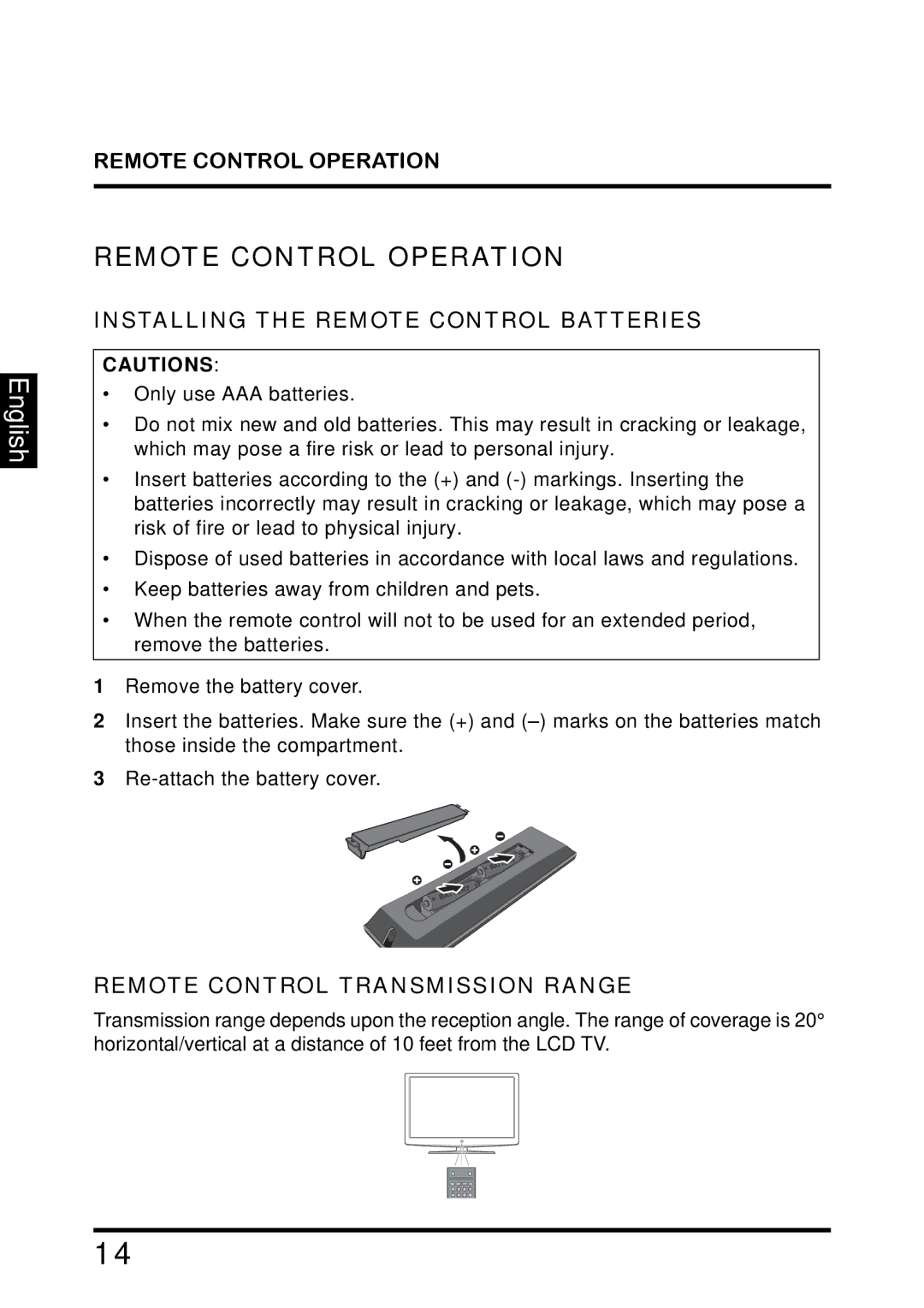 Westinghouse TX-42F810G manual Remote Control Operation, Installing the Remote Control Batteries 