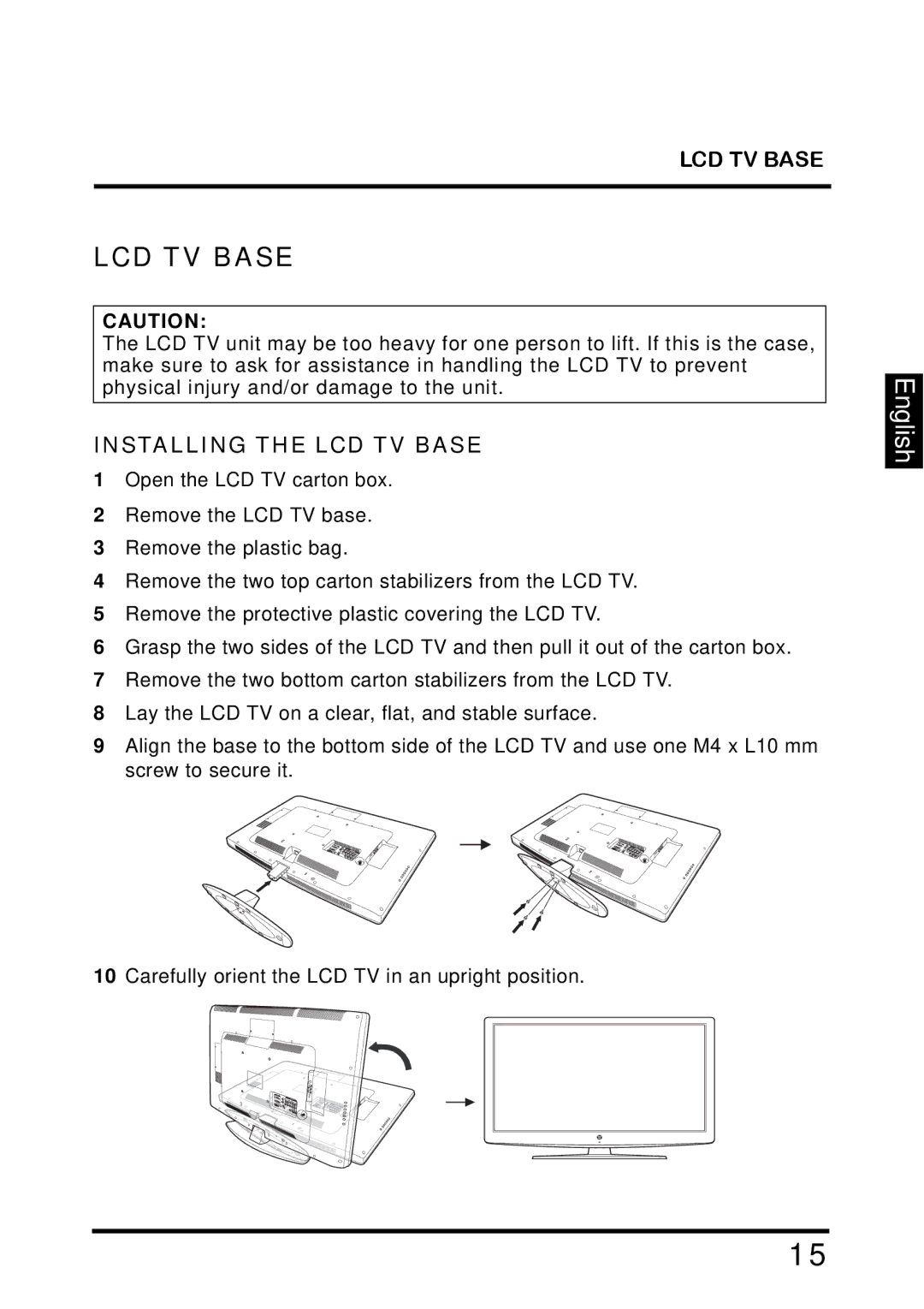 Westinghouse TX-42F810G manual Installing the LCD TV Base 