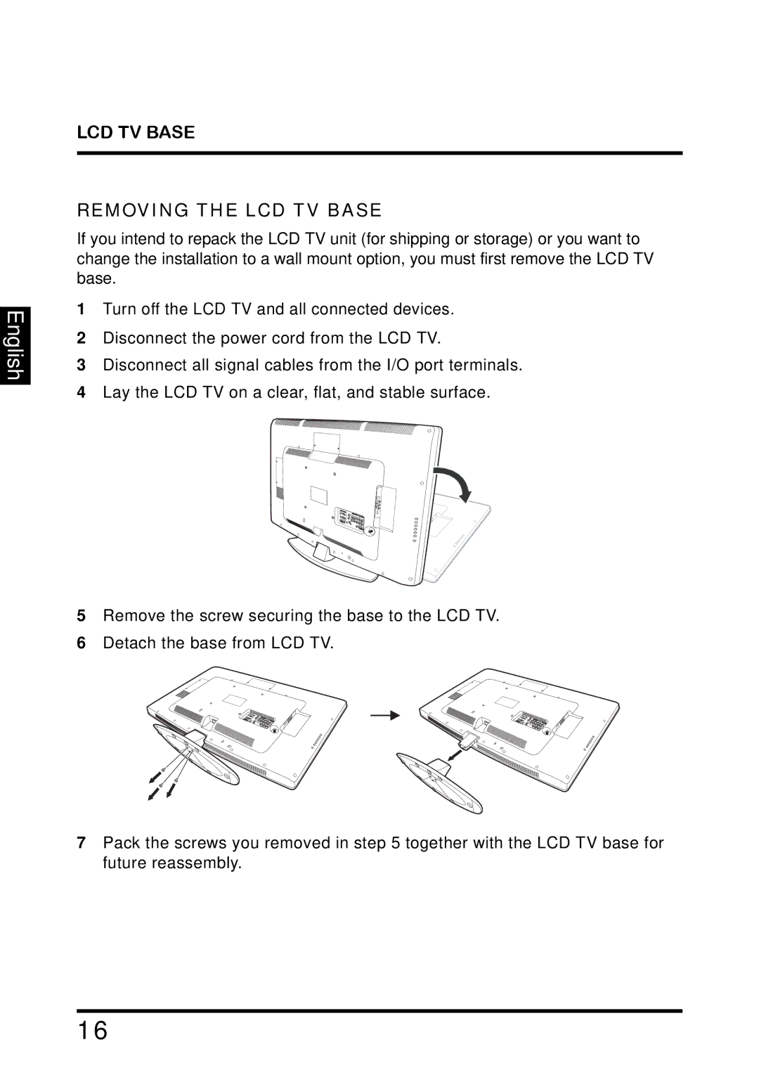 Westinghouse TX-42F810G manual LCD TV Base Removing the LCD TV Base 