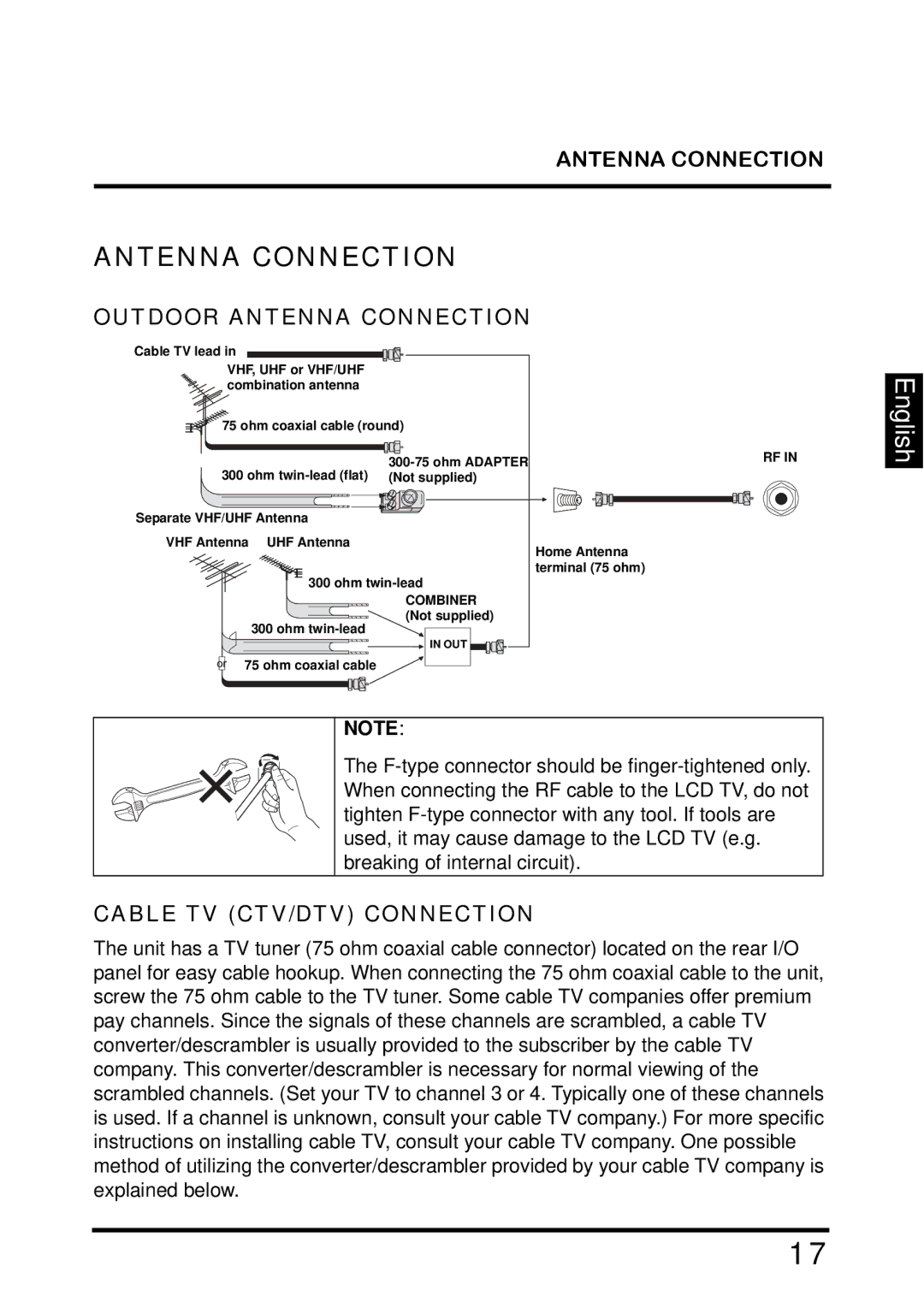 Westinghouse TX-42F810G manual Outdoor Antenna Connection, Cable TV CTV/DTV Connection 