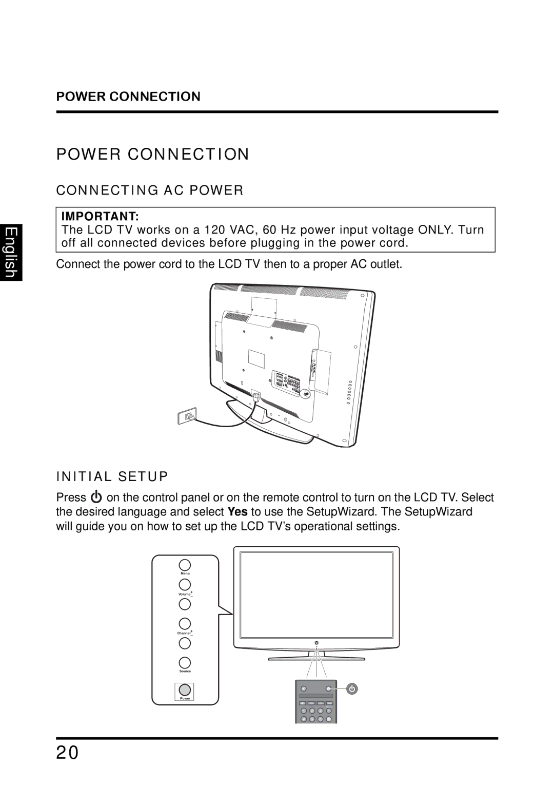 Westinghouse TX-42F810G manual Power Connection, Connecting AC Power, Initial Setup 