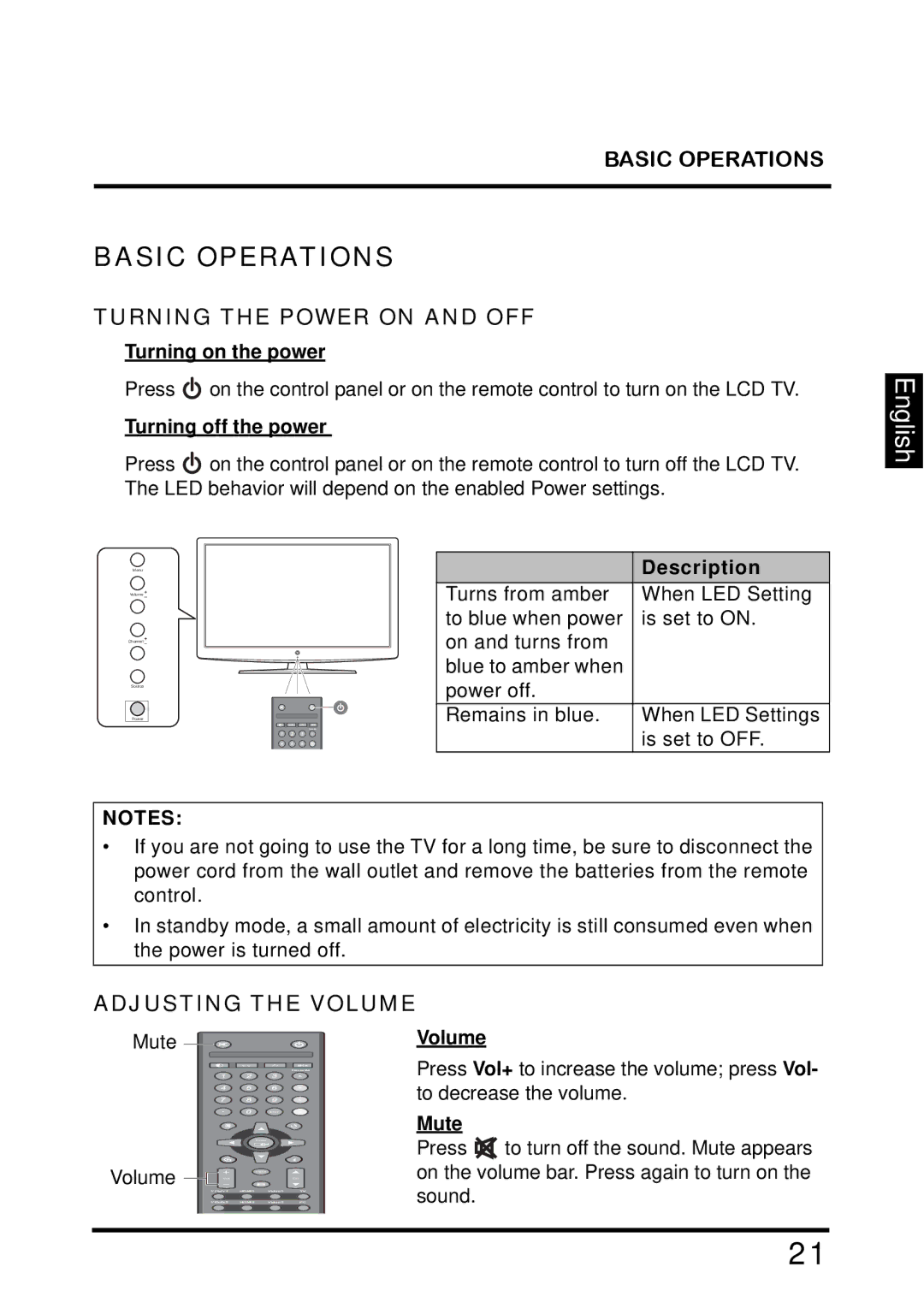 Westinghouse TX-42F810G manual Basic Operations, Turning the Power on and OFF, Adjusting the Volume 