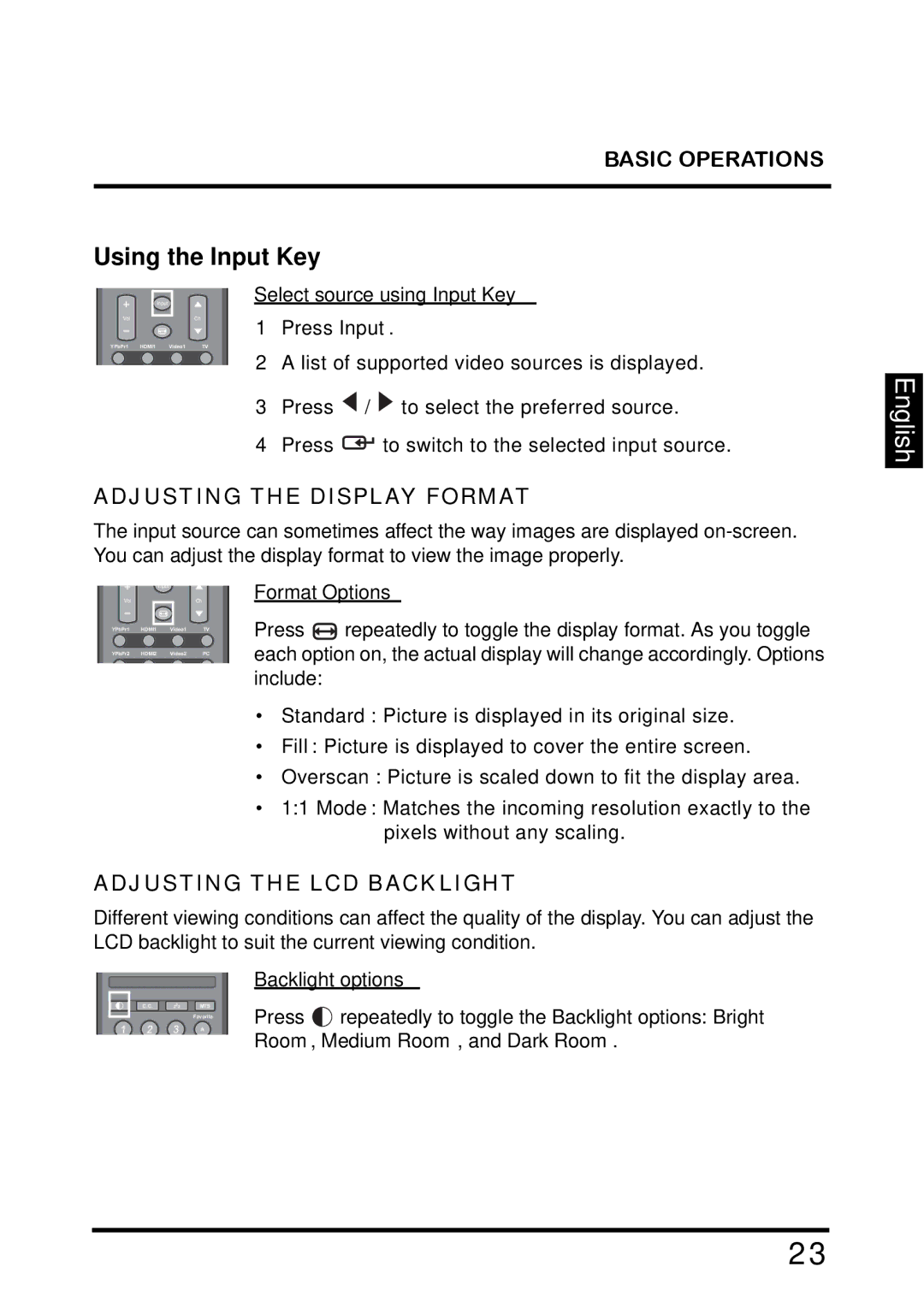 Westinghouse TX-42F810G manual Adjusting the Display Format, Adjusting the LCD Backlight, Format Options 