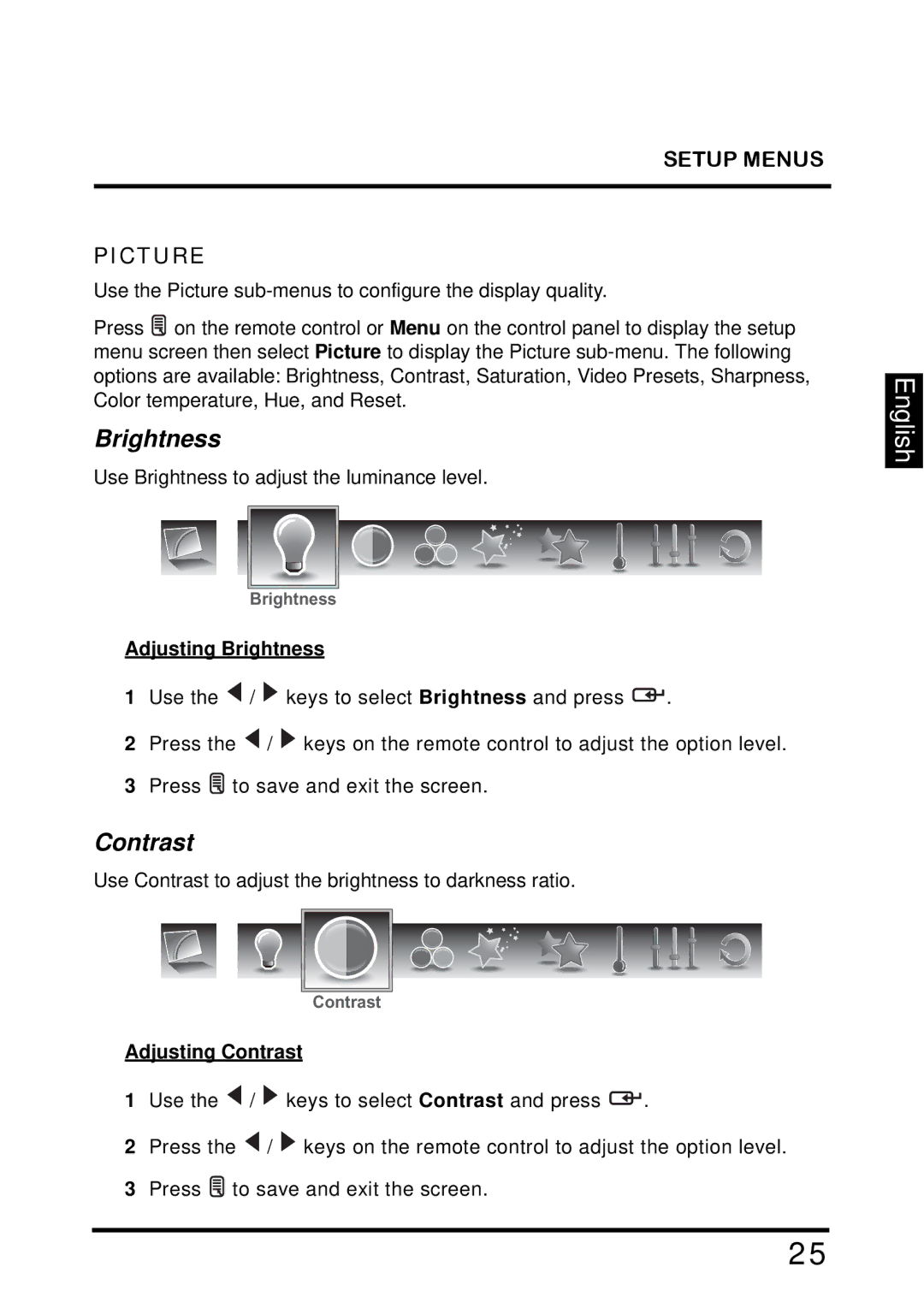 Westinghouse TX-42F810G manual Setup Menus Picture, Adjusting Brightness, Adjusting Contrast 