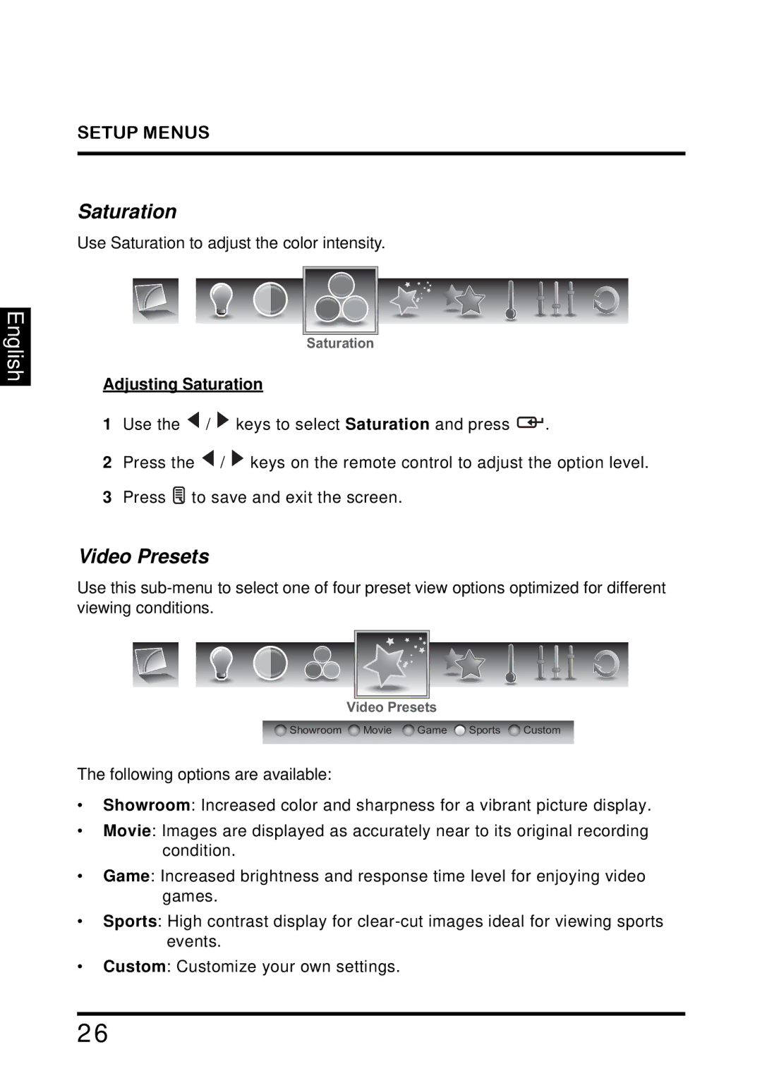 Westinghouse TX-42F810G manual Video Presets, Adjusting Saturation 