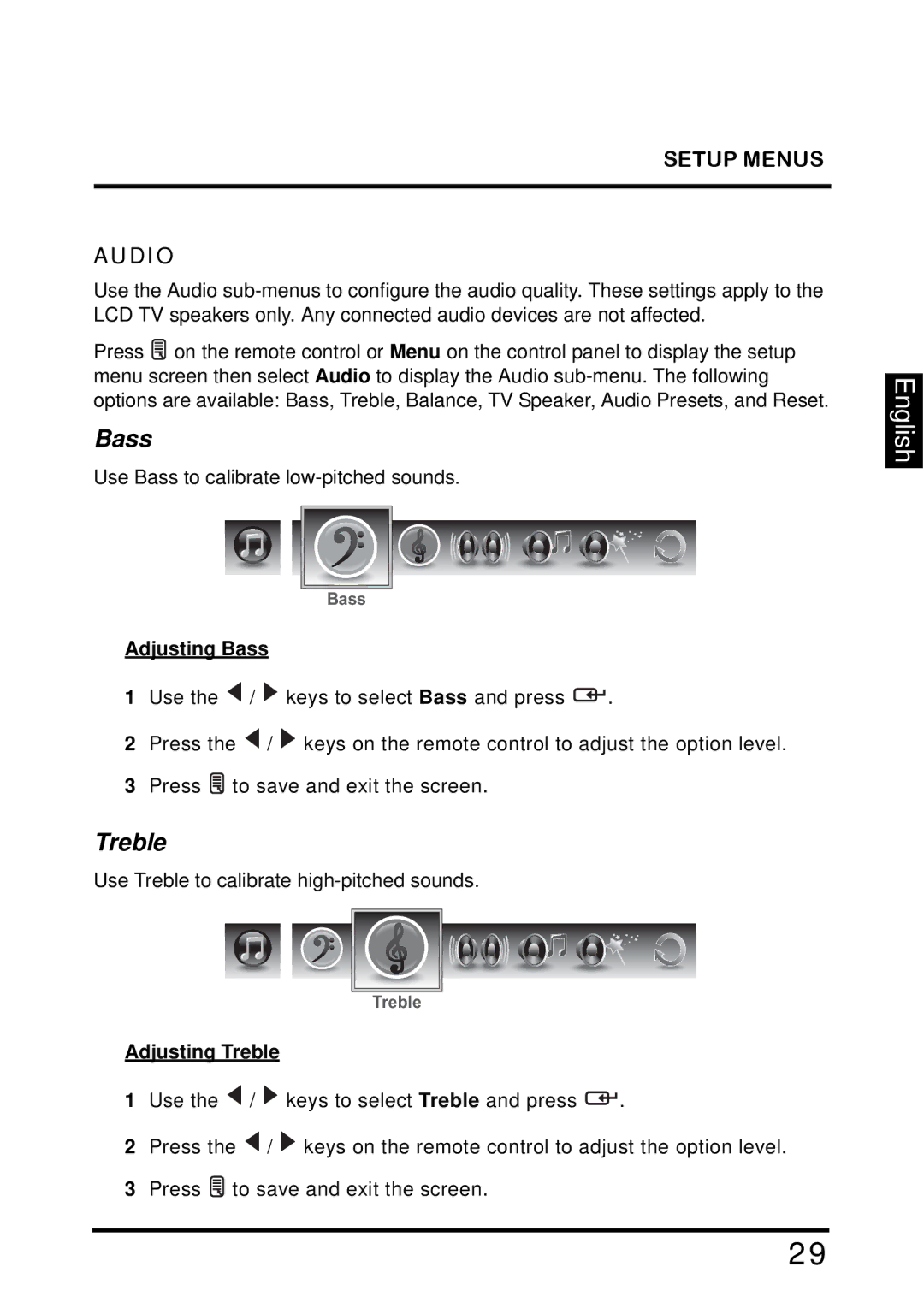 Westinghouse TX-42F810G manual Setup Menus Audio, Adjusting Bass, Adjusting Treble 