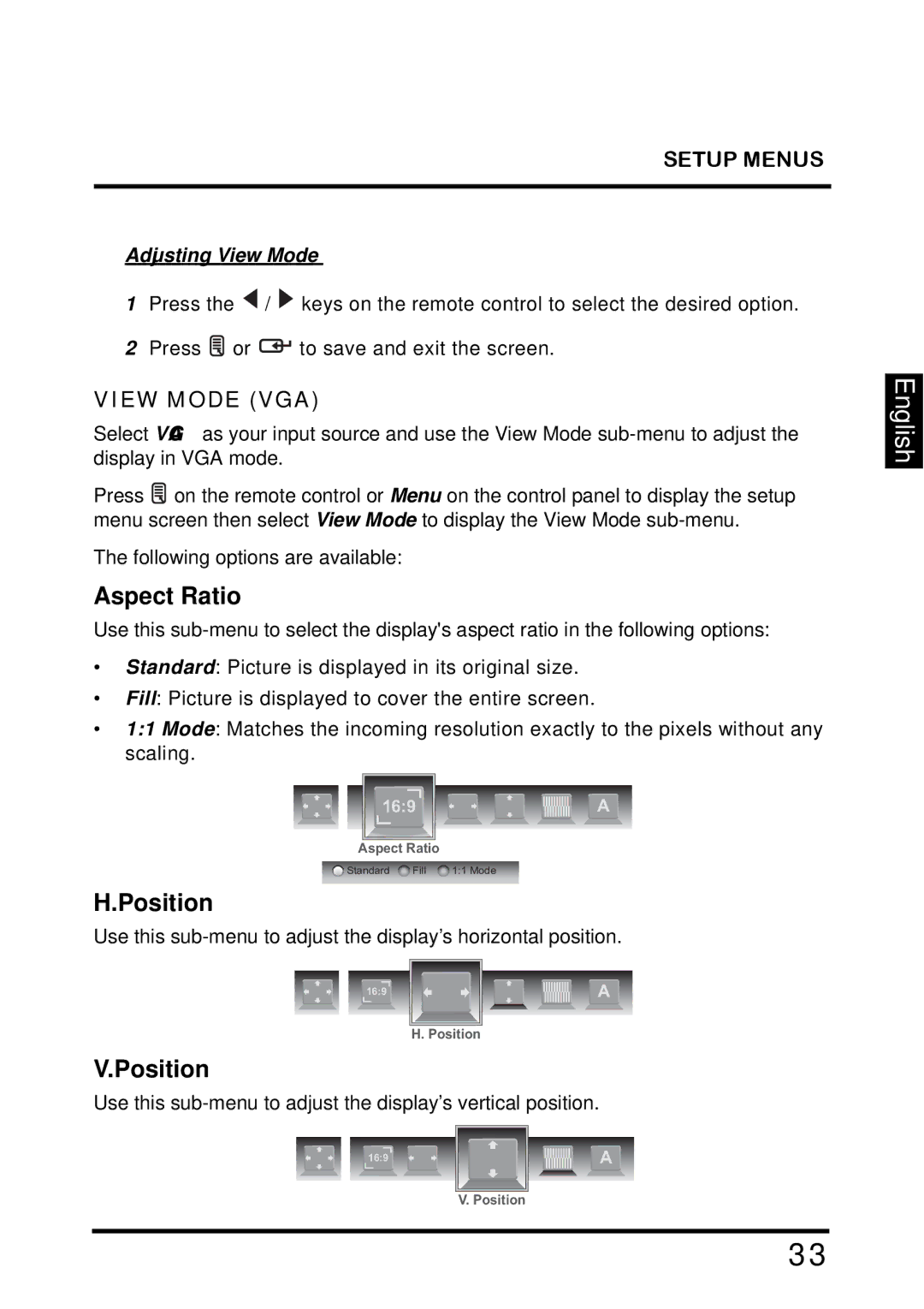 Westinghouse TX-42F810G manual Aspect Ratio, Position, View Mode VGA, Adjusting View Mode 