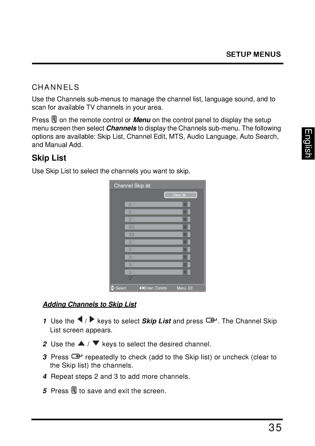 Westinghouse TX-42F810G manual Setup Menus Channels, Adding Channels to Skip List 