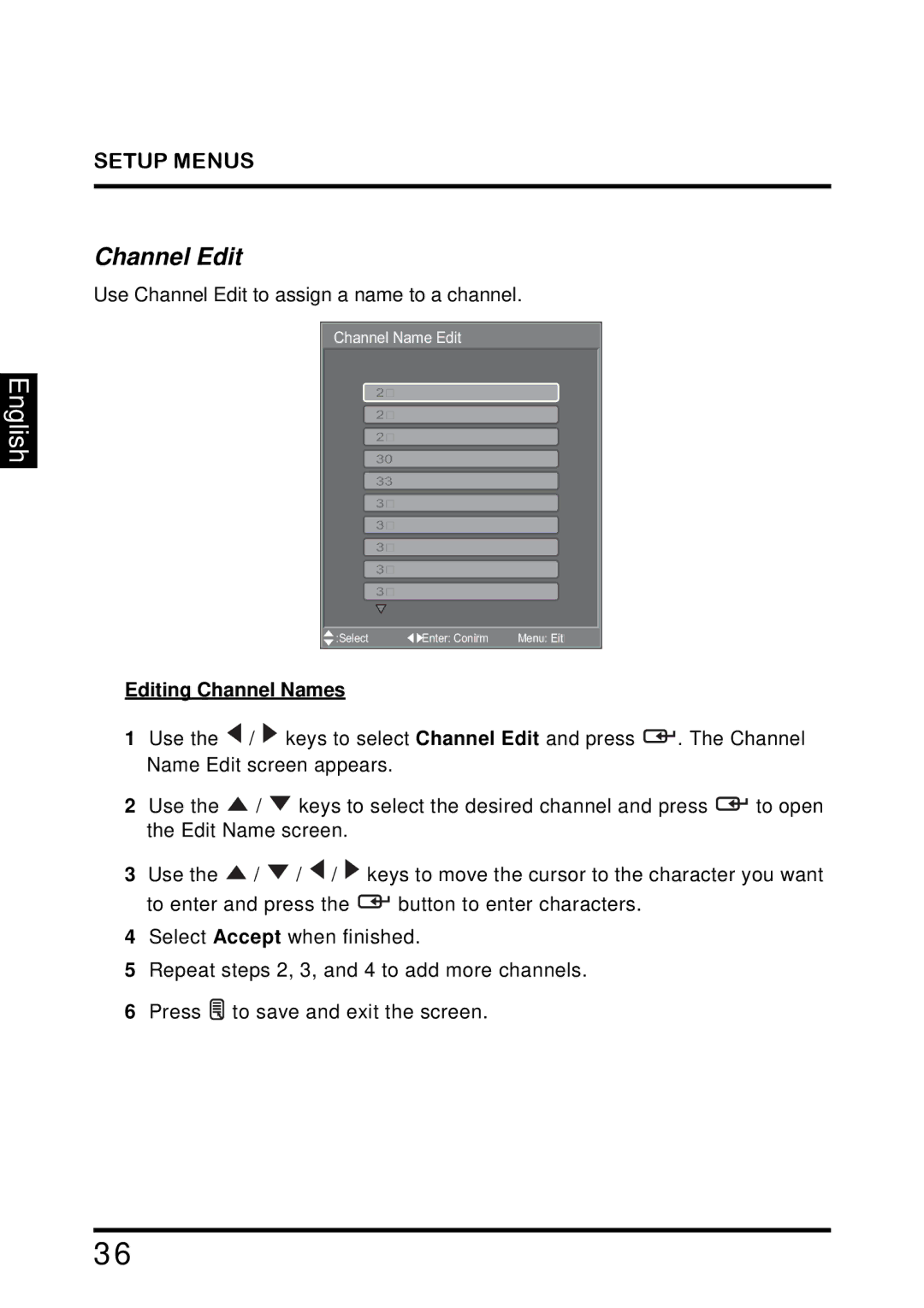 Westinghouse TX-42F810G manual Channel Edit, Editing Channel Names 