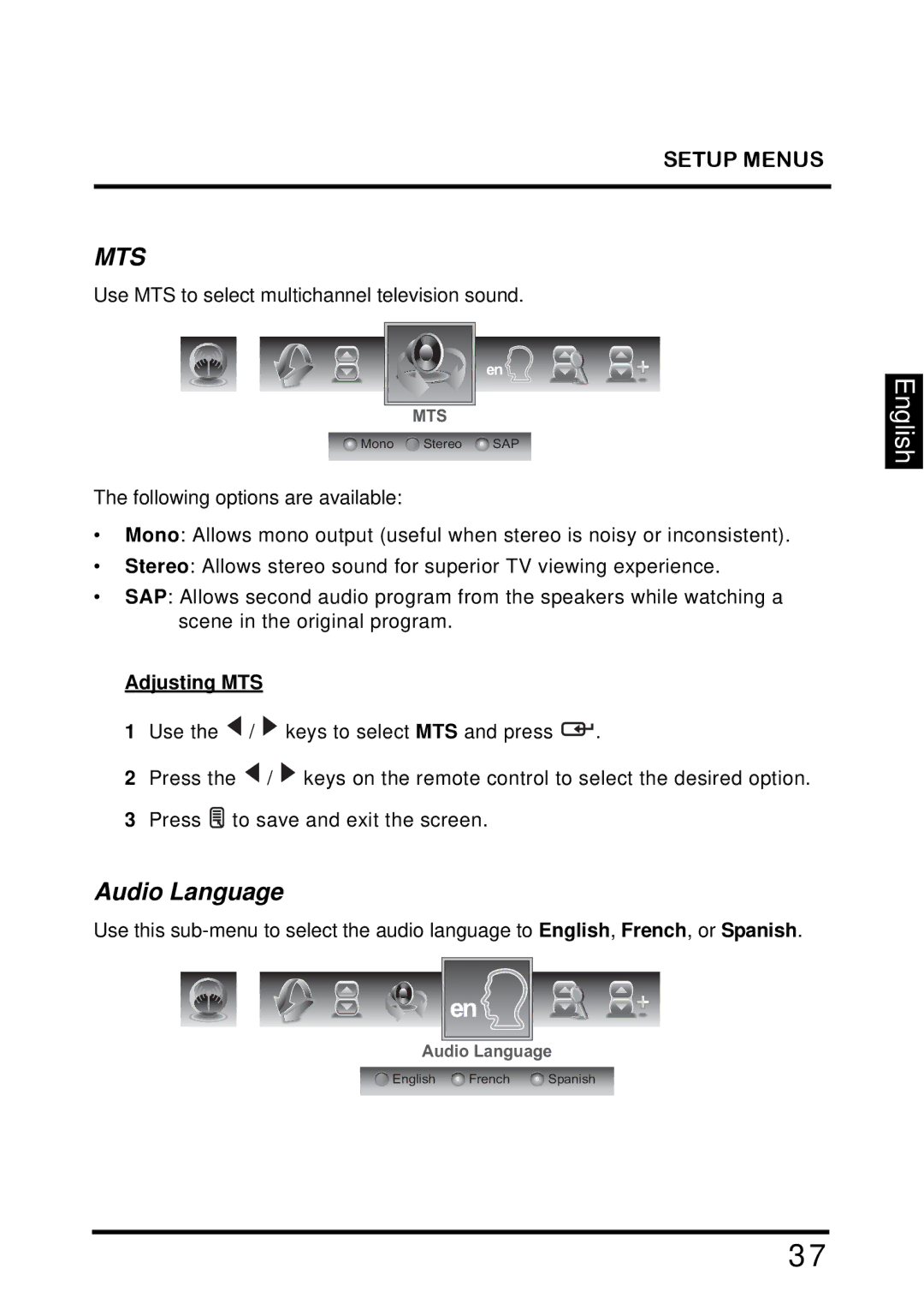 Westinghouse TX-42F810G manual Audio Language, Adjusting MTS 