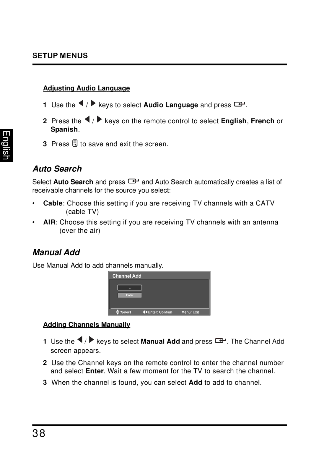 Westinghouse TX-42F810G manual Auto Search, Manual Add, Adjusting Audio Language, Adding Channels Manually 