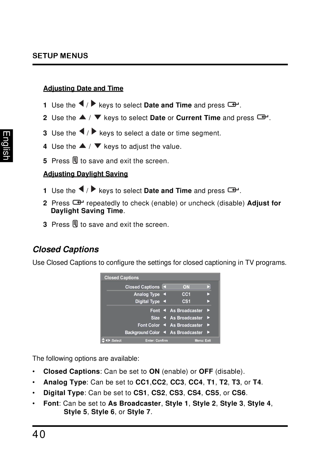 Westinghouse TX-42F810G manual Closed Captions, Adjusting Date and Time, Adjusting Daylight Saving 