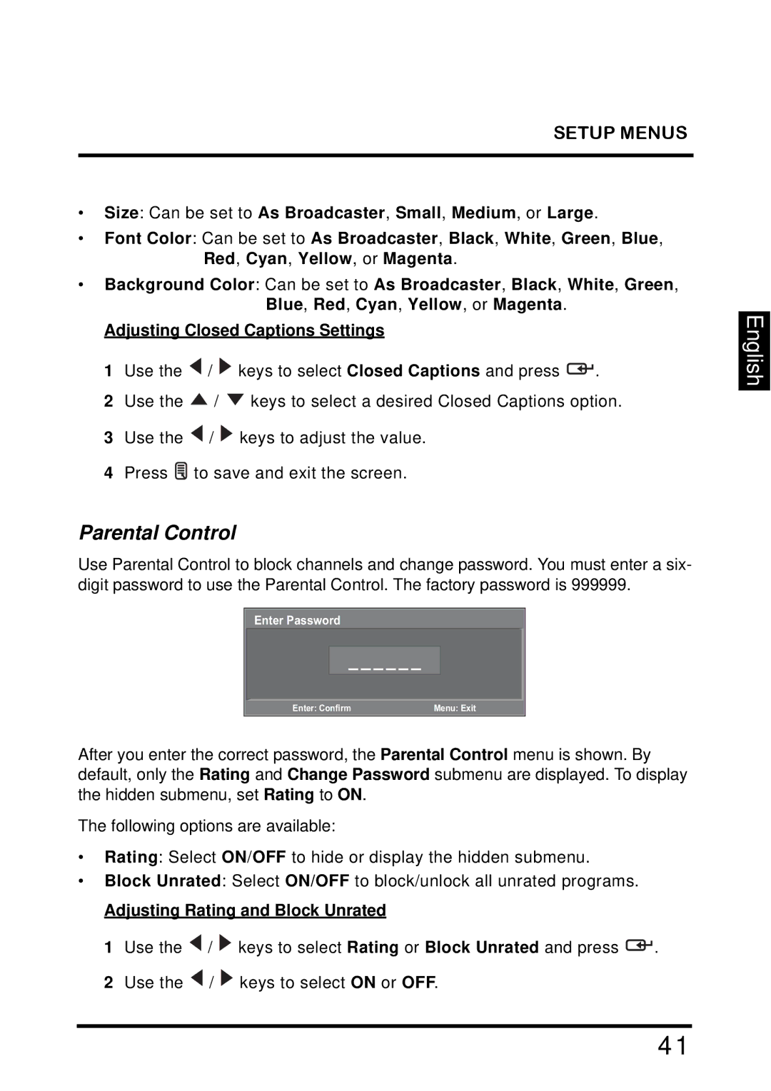 Westinghouse TX-42F810G manual Parental Control, Adjusting Rating and Block Unrated 