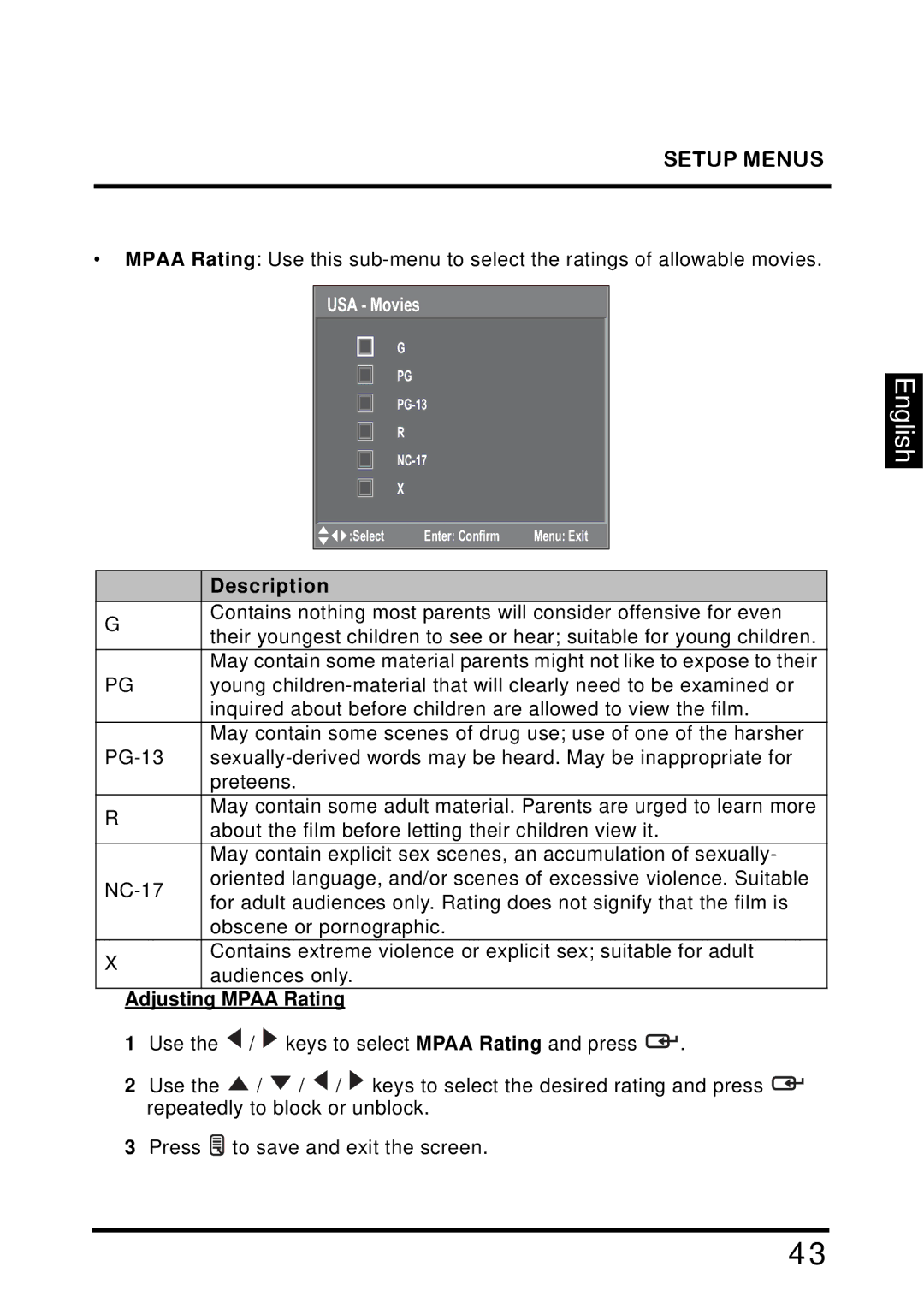 Westinghouse TX-42F810G manual Rating Description, Adjusting Mpaa Rating 