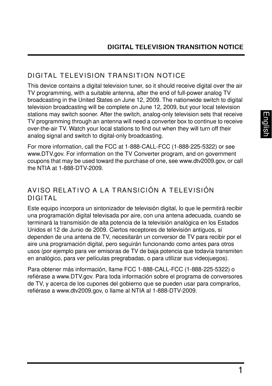 Westinghouse TX-42F810G manual Digital Television Transition Notice, Aviso Relativo a LA Transición a Televisión Digital 