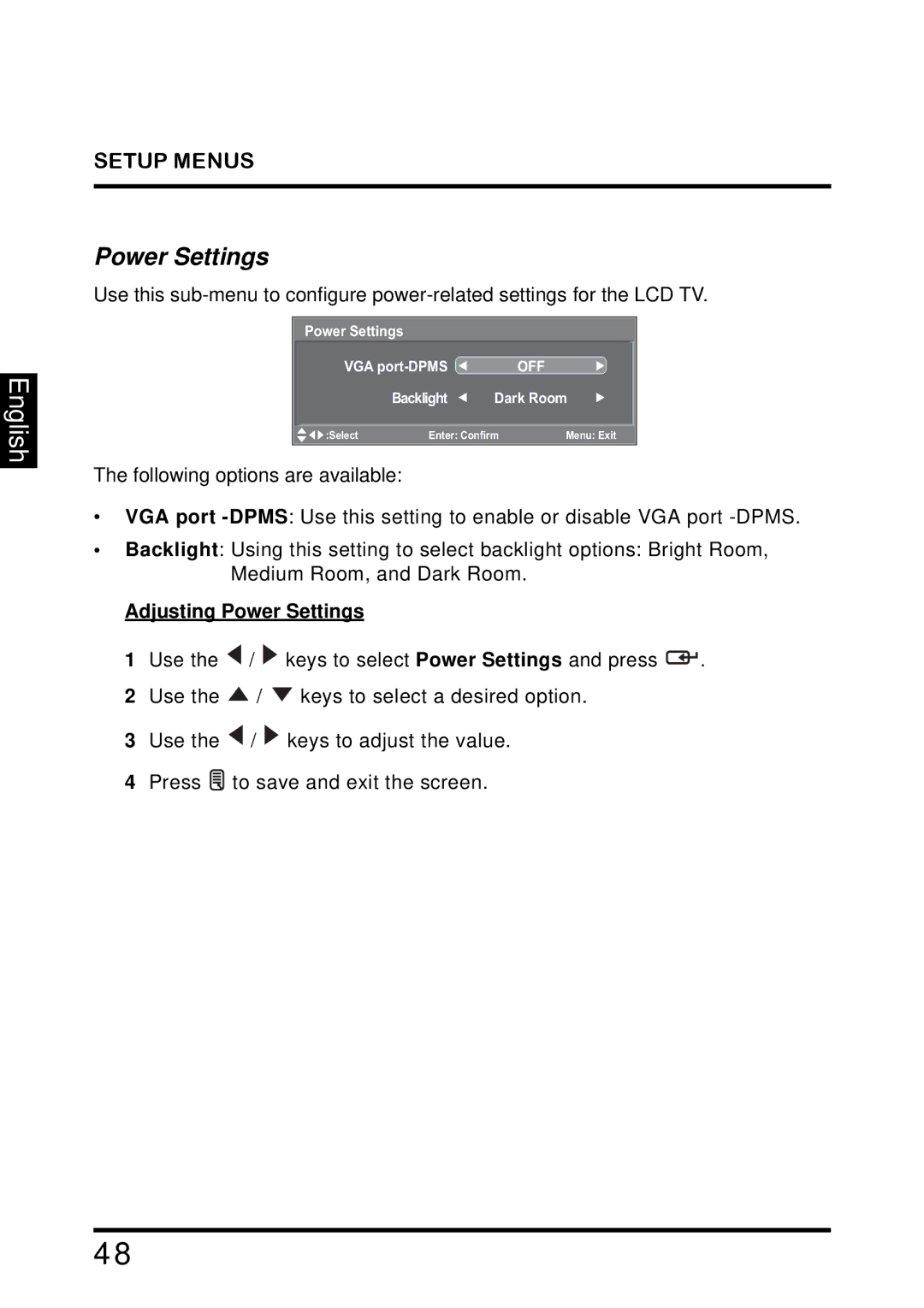 Westinghouse TX-42F810G manual Adjusting Power Settings 