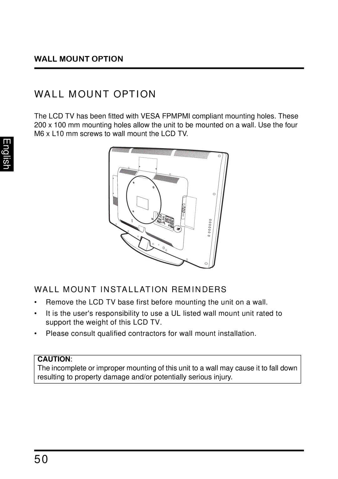 Westinghouse TX-42F810G manual Wall Mount Option, Wall Mount Installation Reminders 