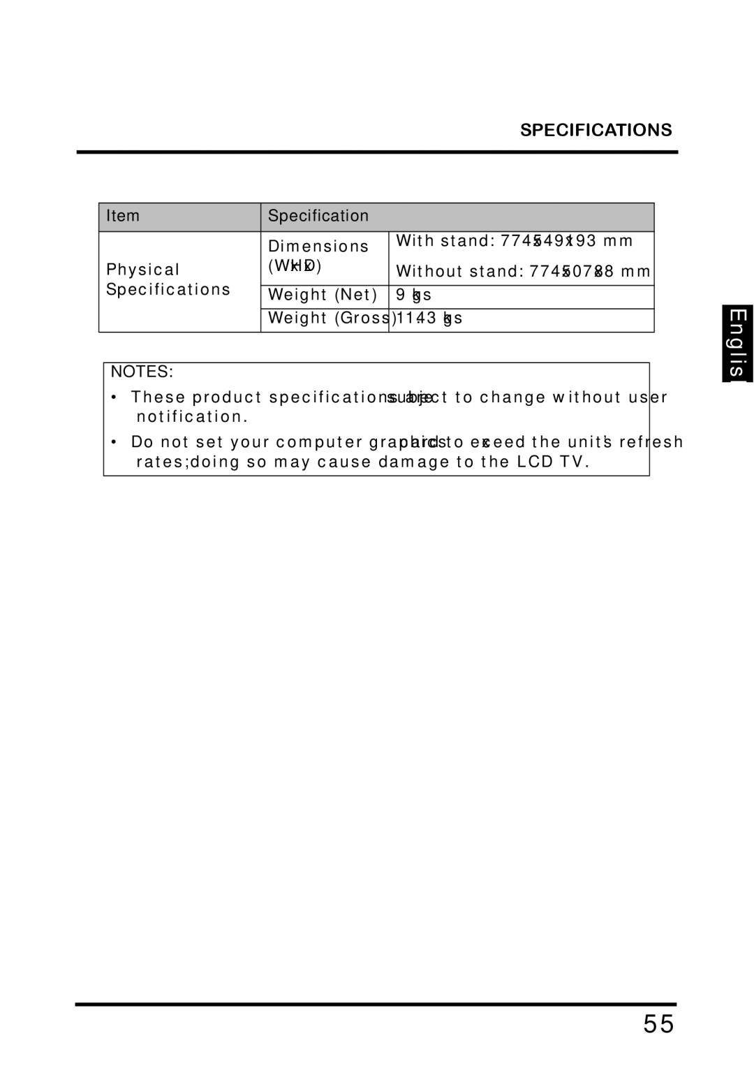 Westinghouse TX-42F810G manual Specifications 