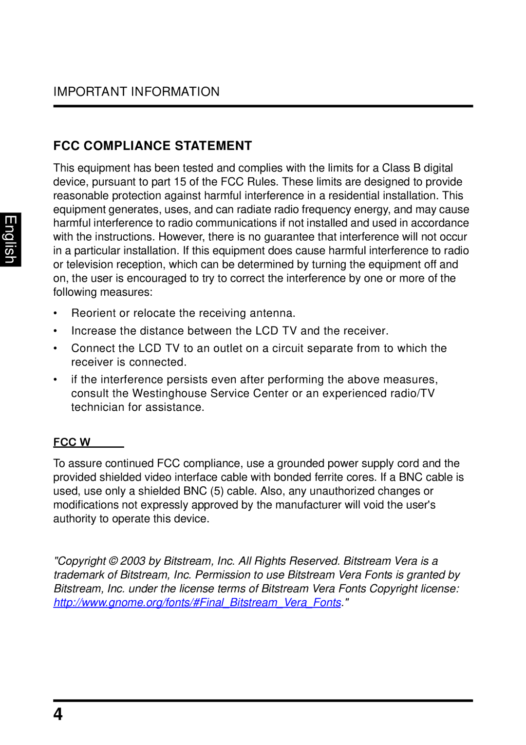 Westinghouse TX-42F810G manual Important Information FCC Compliance Statement, FCC Warning 