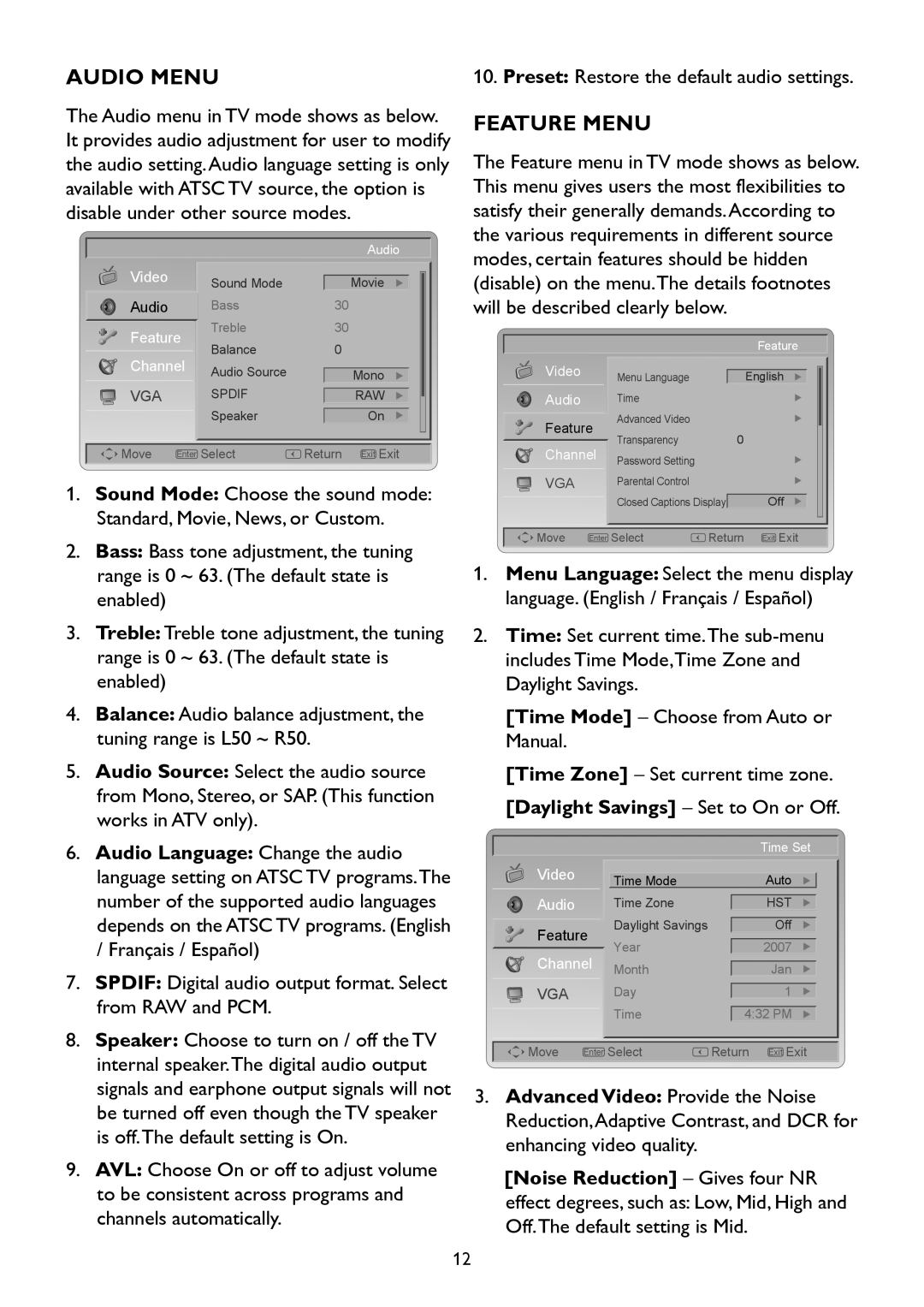 Westinghouse TX-42F970Z user manual Audio Menu, Feature Menu 