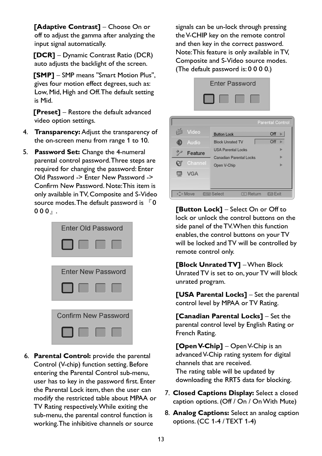 Westinghouse TX-42F970Z user manual Enter Old Password Enter New Password Confirm New Password 