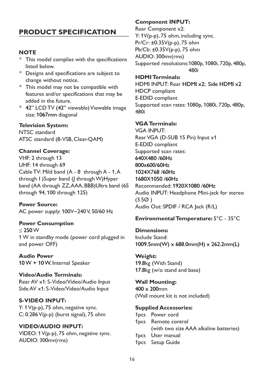 Westinghouse TX-42F970Z user manual Product Specification 