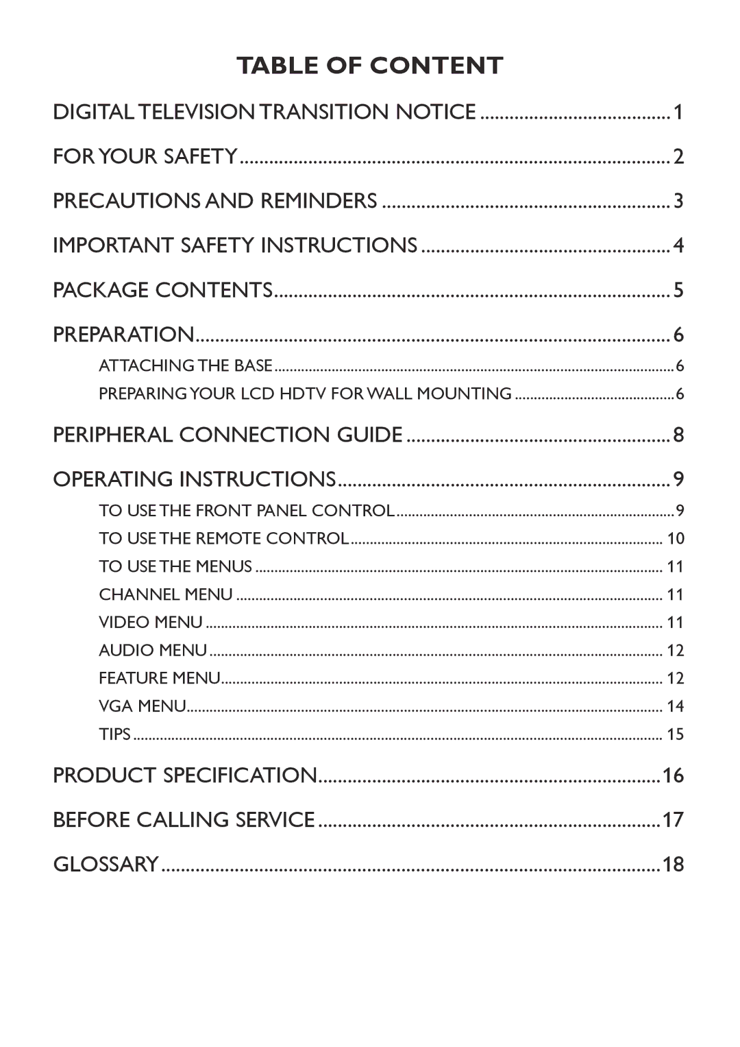 Westinghouse TX-42F970Z user manual Table of Content 