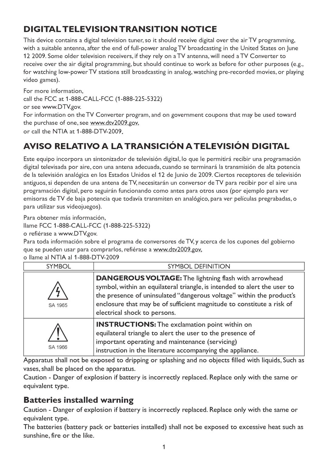 Westinghouse TX-42F970Z Digital Television Transition Notice, Aviso Relativo a LA Transición a Televisión Digital 