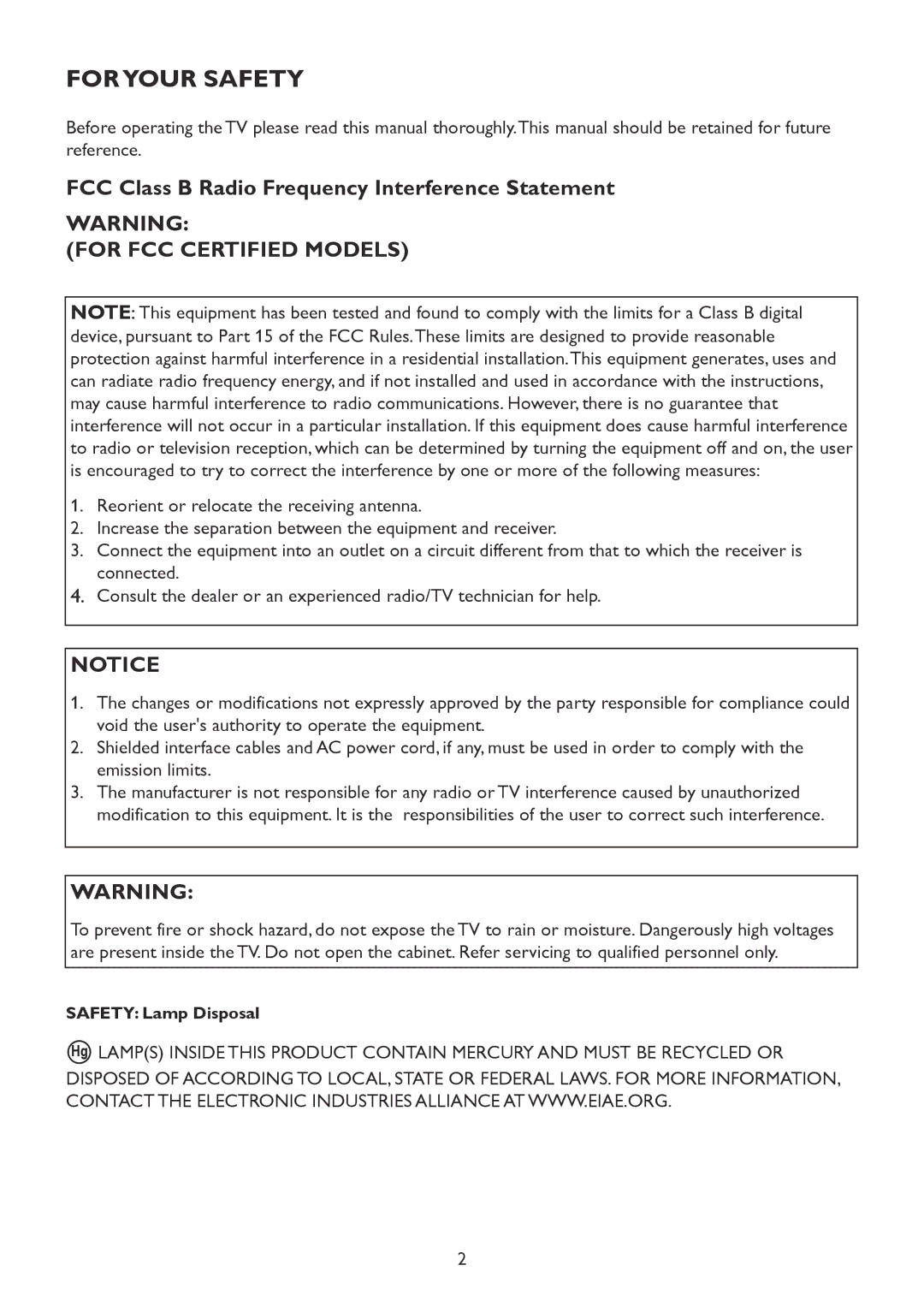 Westinghouse TX-42F970Z user manual Foryour Safety, For FCC Certified Models 