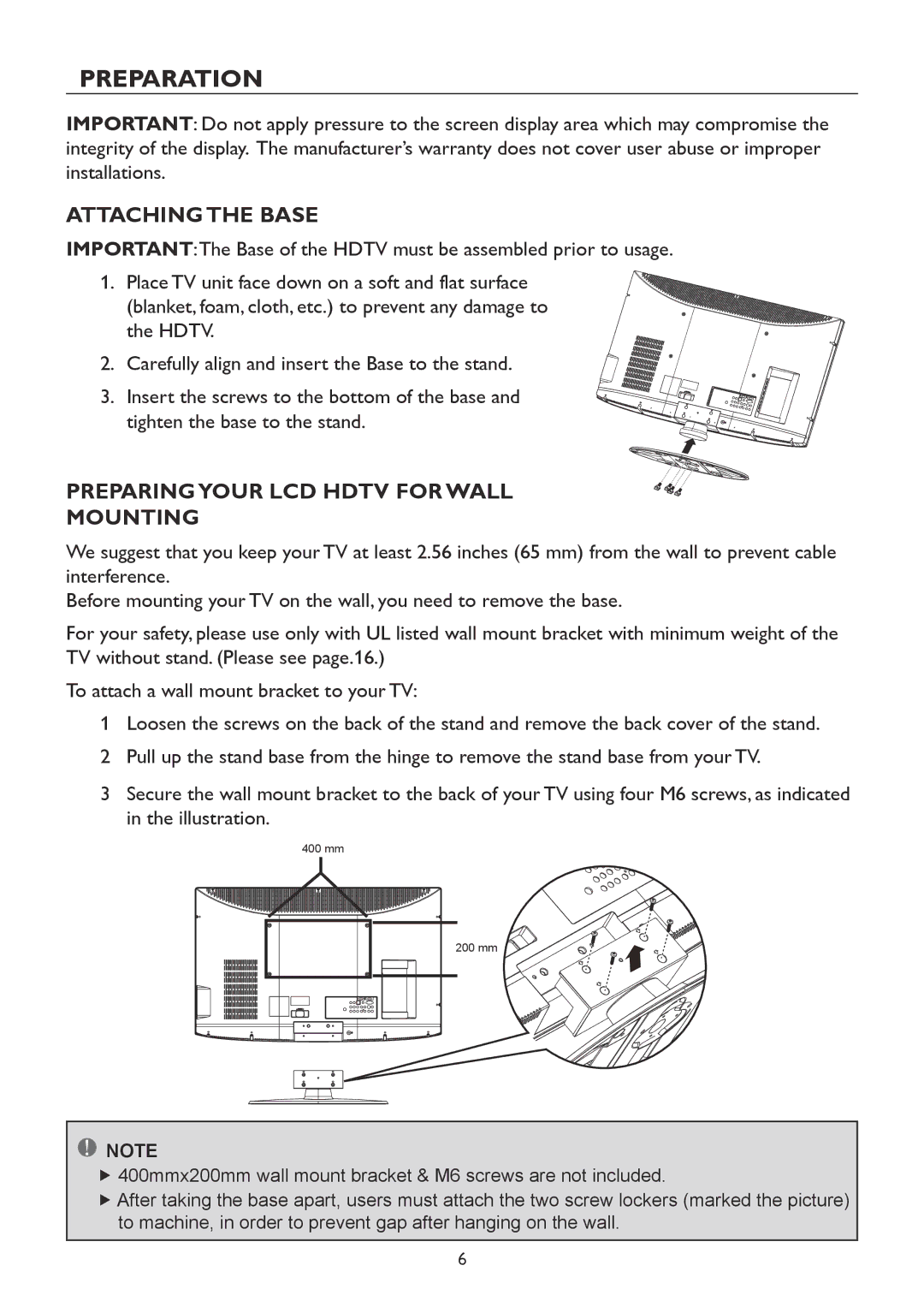 Westinghouse TX-42F970Z user manual Preparation, Attaching the Base, Preparingyour LCD Hdtv for Wall Mounting 