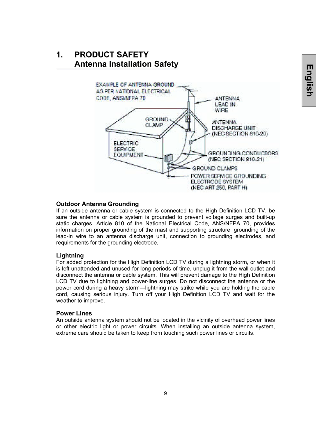 Westinghouse TX-52F480S Product Safety Antenna Installation Safety, Outdoor Antenna Grounding, Lightning, Power Lines 