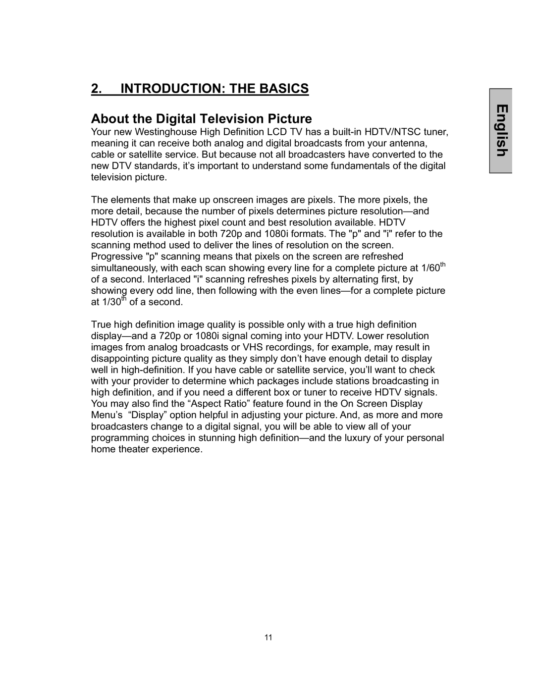 Westinghouse TX-52F480S user manual About the Digital Television Picture 