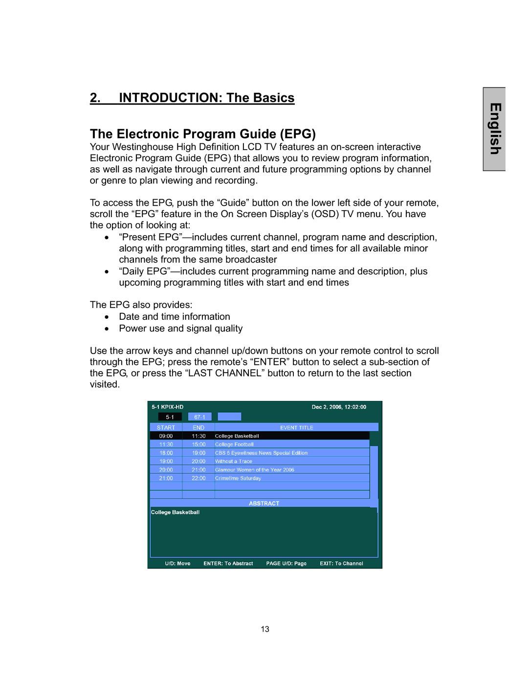 Westinghouse TX-52F480S user manual Introduction The Basics Electronic Program Guide EPG 