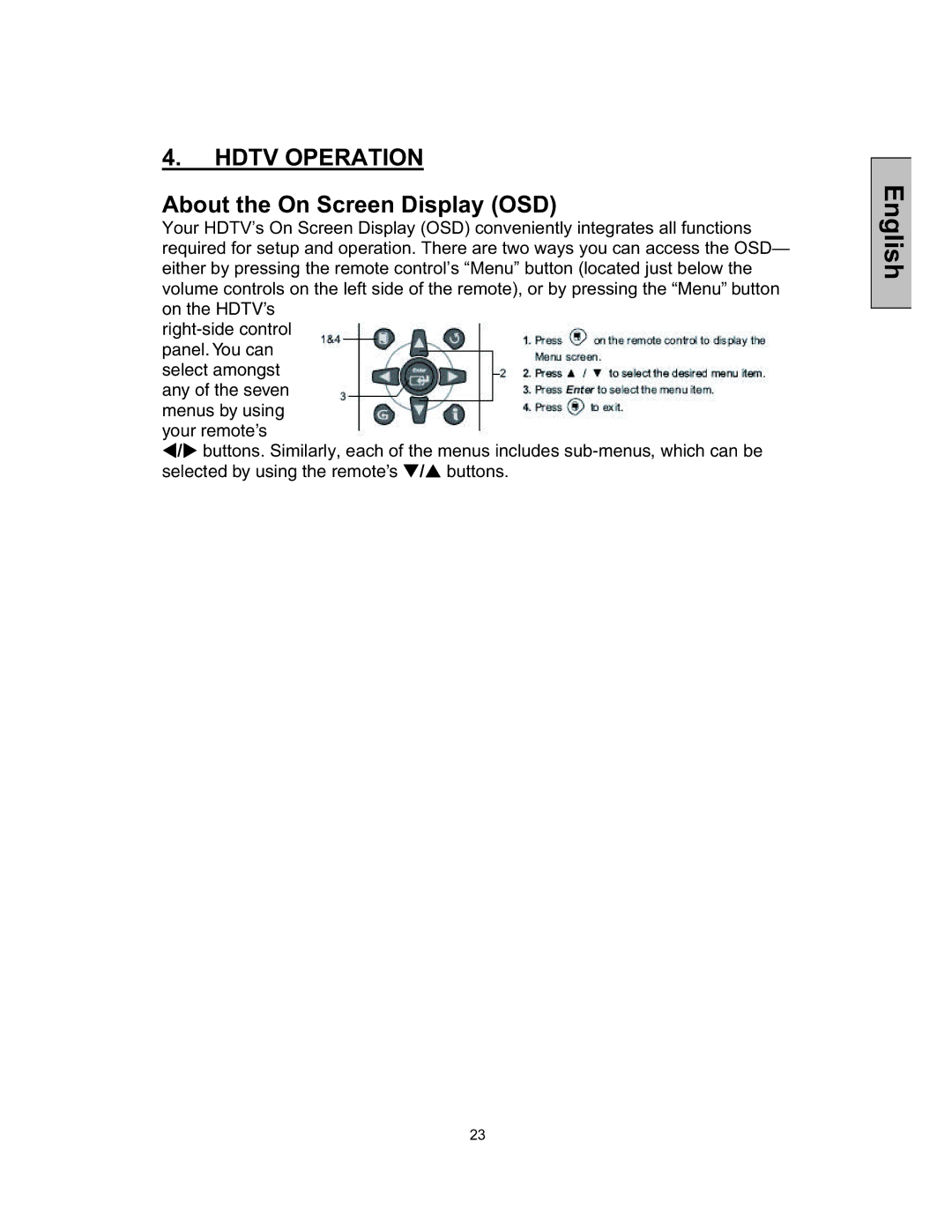 Westinghouse TX-52F480S user manual Hdtv Operation, About the On Screen Display OSD 