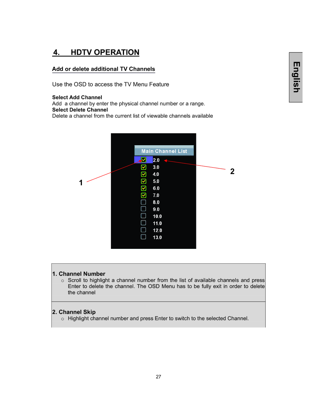 Westinghouse TX-52F480S user manual Add or delete additional TV Channels, Channel Number, Channel Skip, Select Add Channel 