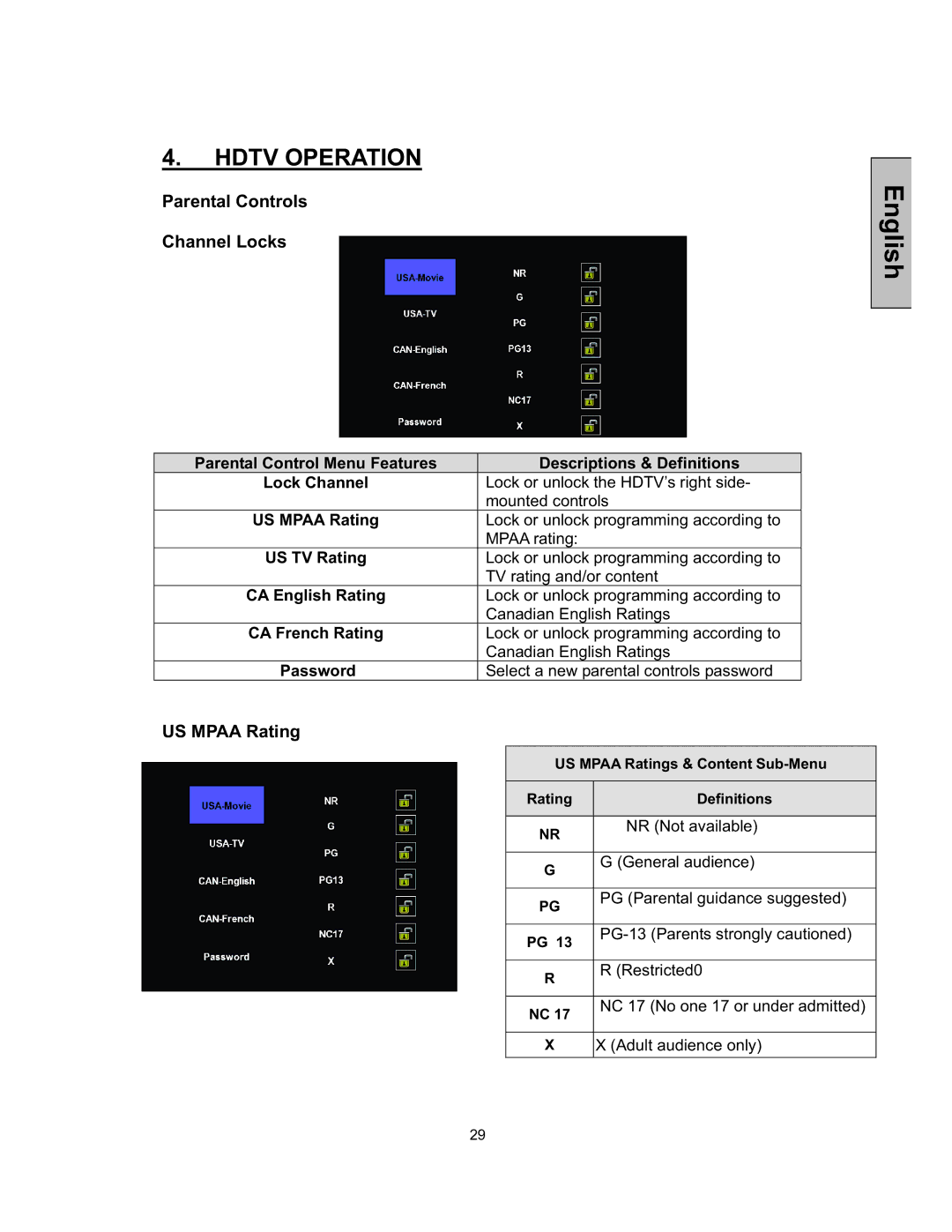 Westinghouse TX-52F480S user manual Parental Controls Channel Locks, US Mpaa Rating 