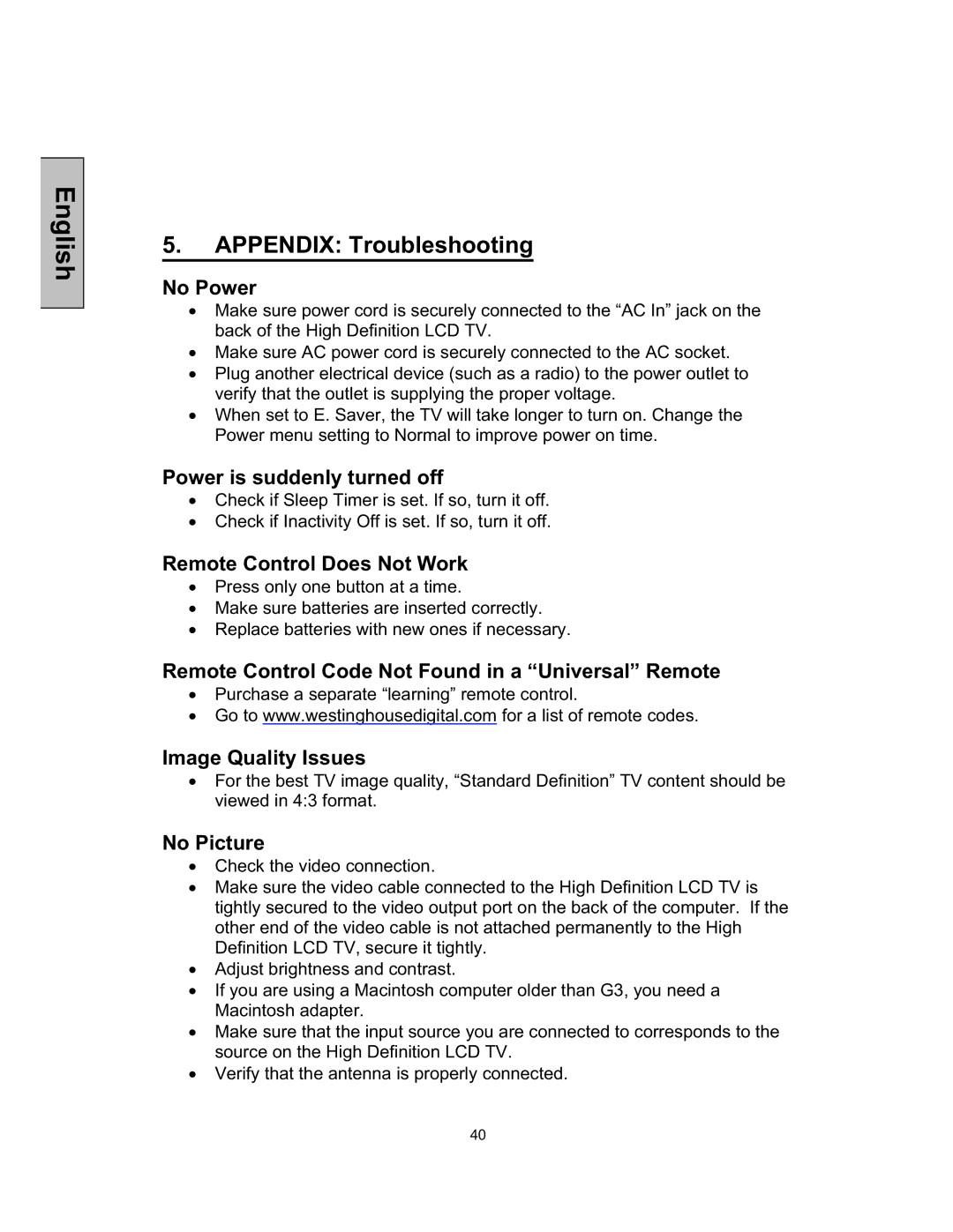 Westinghouse TX-52F480S user manual Appendix Troubleshooting 